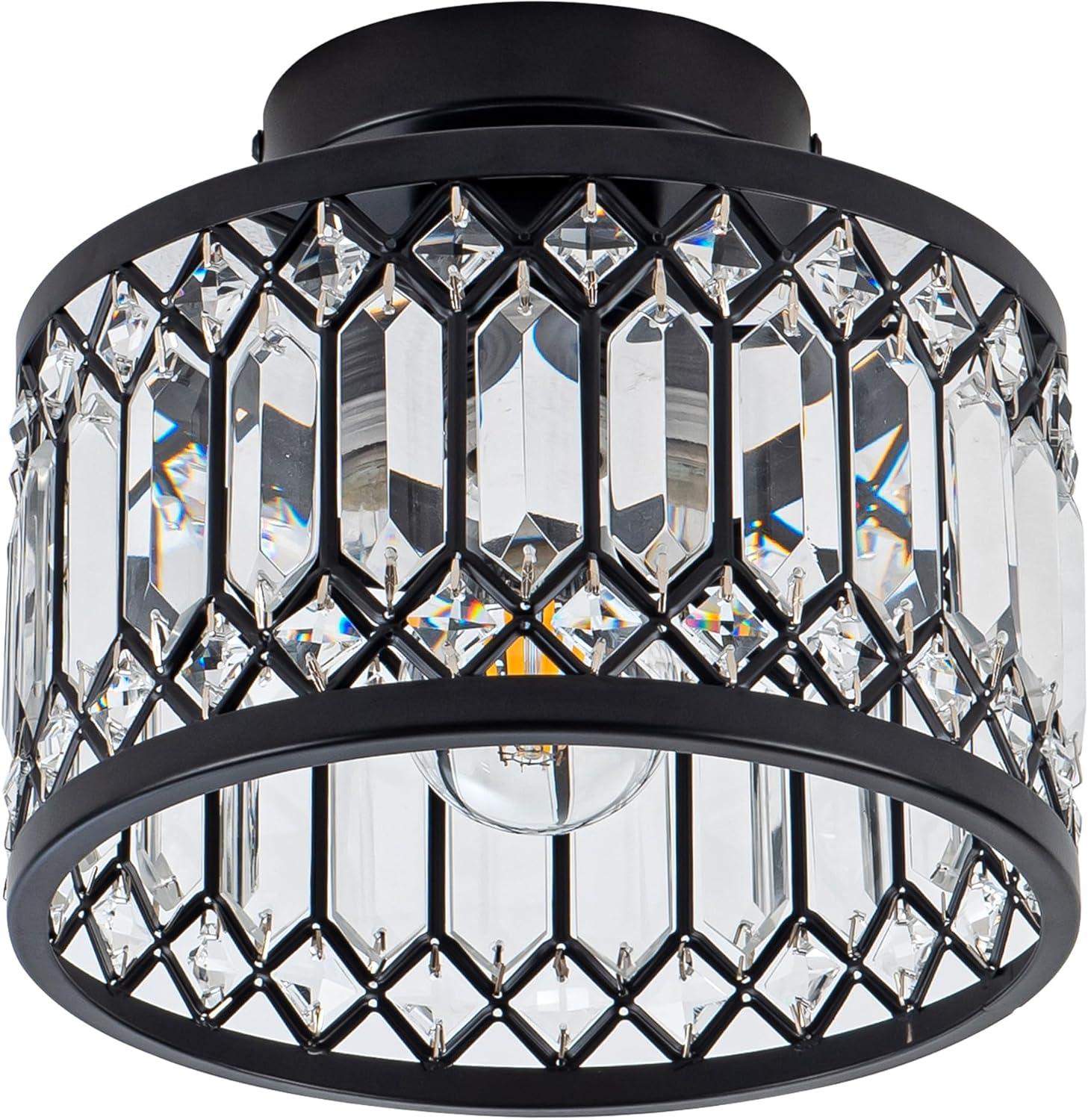 Crystal Ceiling Light Fixture, Modern Semi Flush Mount Ceiling Light,Crystal Chandelier for Kitchen Bedroom Bathroom Entryway Black (Bulb not Included)