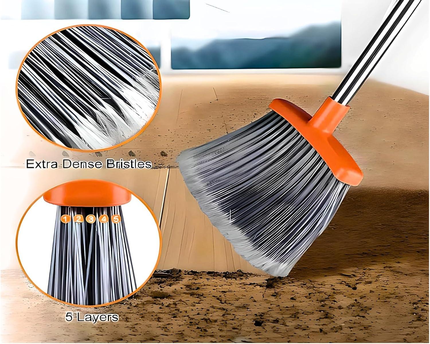 Adjustable Stainless Steel Broom and Dustpan Set with Orange Handle