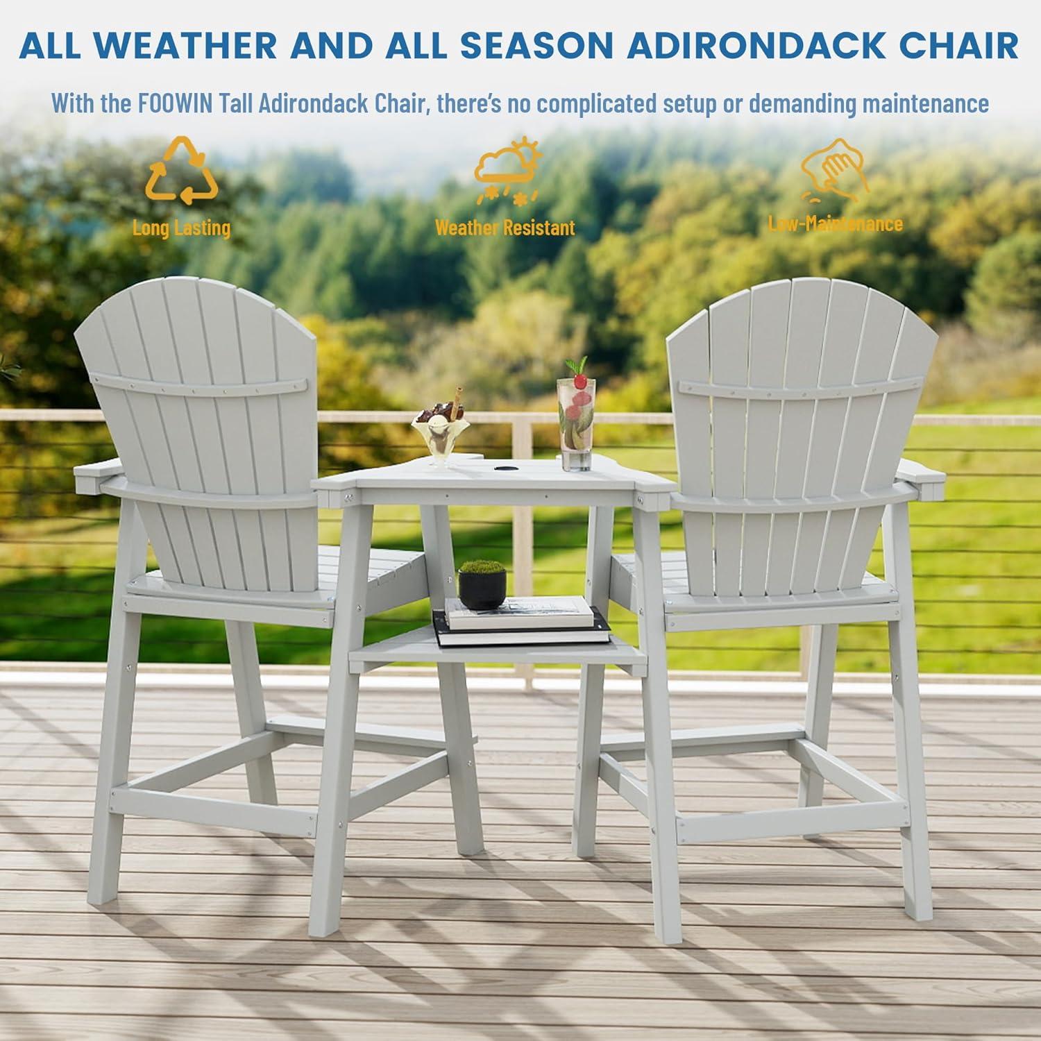 Tall Adirondack Chairs Set of 2, HDPE Outdoor Adirondack Barstools with Double Connecting Tray Patio Stools Weather Resistant for Outdoor Deck Lawn Pool Backyard, White