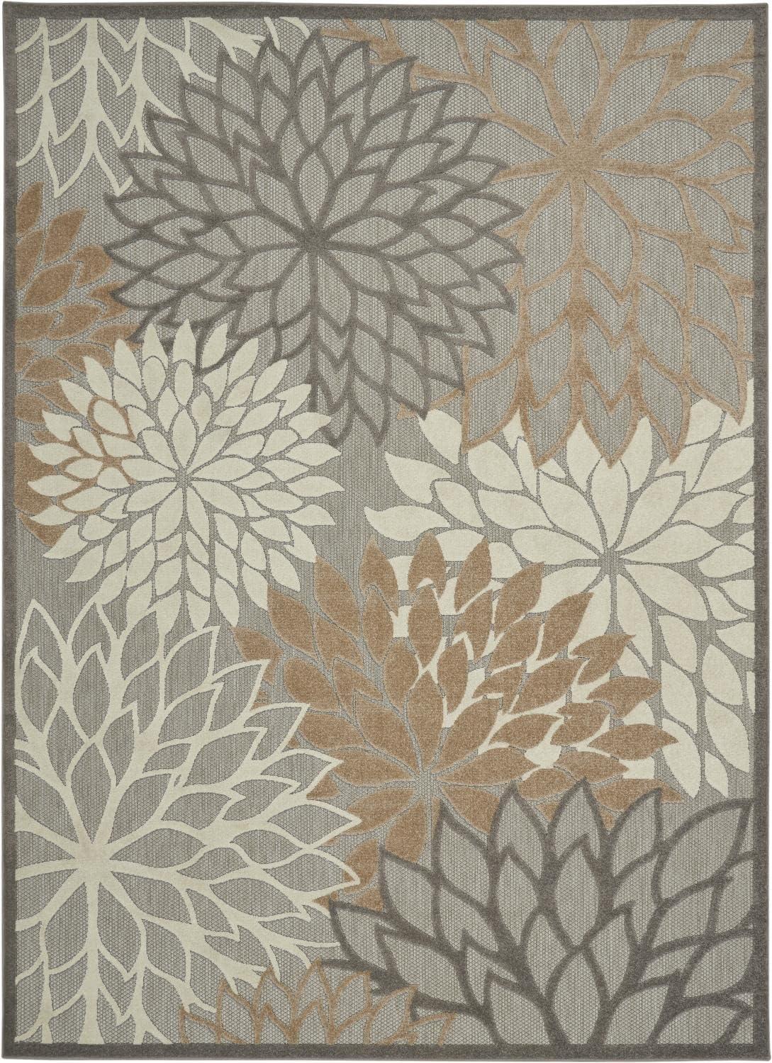 Gray and Brown Floral Flat Woven Rectangular Rug