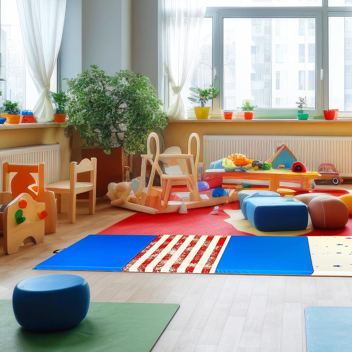 BalanceFrom Folding Gymnastics Mat, Thick Home Gym Floor Tumbling Equipment, Star/Stripe - Portable Exercise and Workout Pad for Pilates, Aerobics,