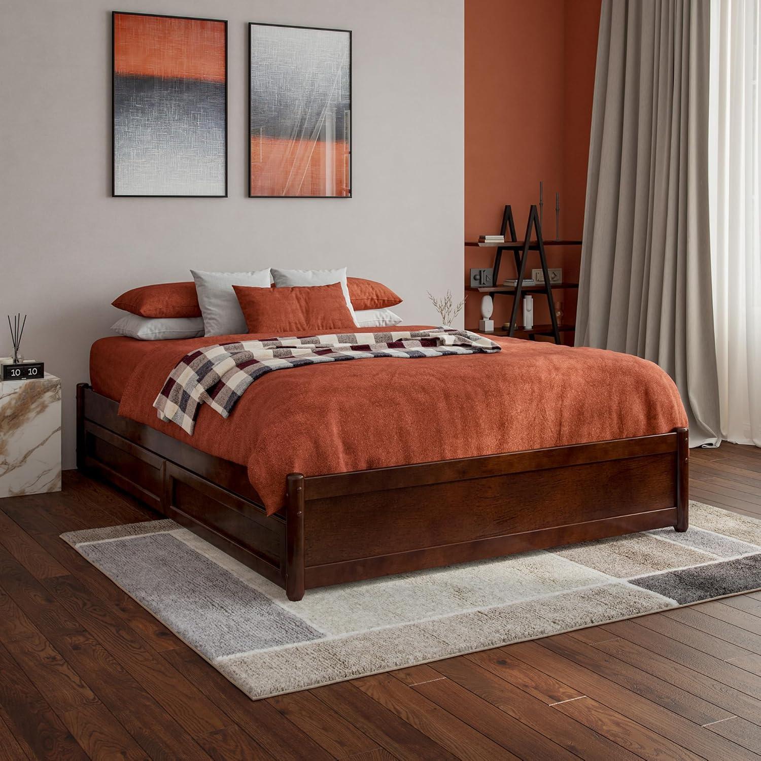 Barcelona Full Solid Wood Panel Platform Bed with Storage Drawers in Walnut