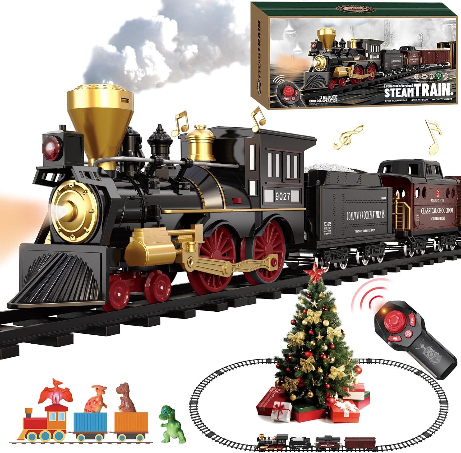Train Set for Kids Remote Control Christmas Train Toys w/Steam Locomotive,Passenger Carriage & Luxury Tracks, Electric Trains w/Realistic Smoke,Sounds & Lights, Birthday Gift for Boys Girls 3 4 5 6 7
