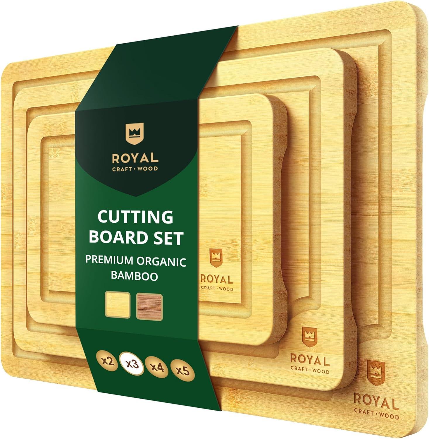 Bamboo Cutting Board Set of 3 with Side Trays - Wood Cutting Boards For Kitchen for Meat, Cheese, Fruits & Vegetables by Royal Craft Wood