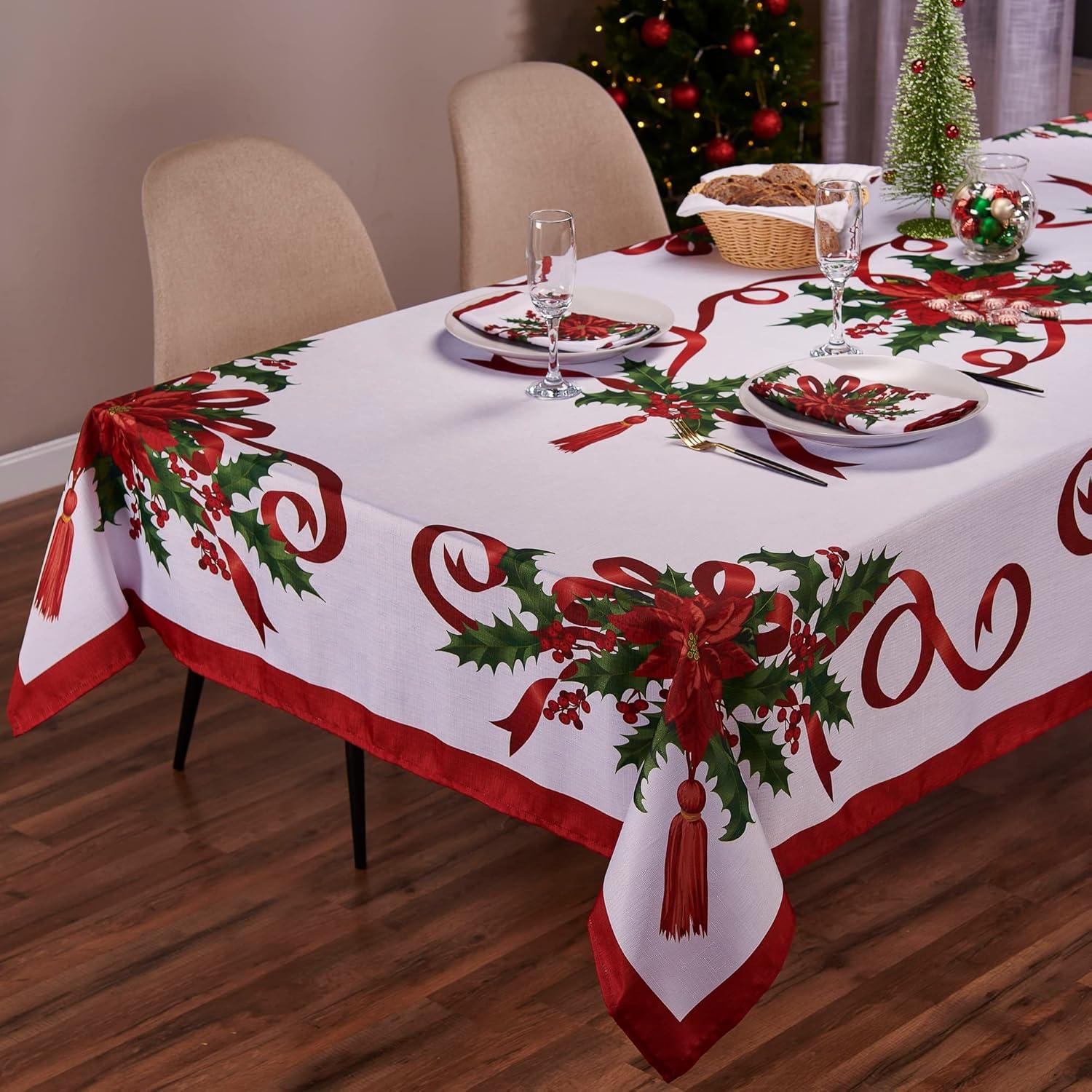 Elegant Christmas Ribbon Tablecloth with Red and Green Design, 60 x 126 Inch