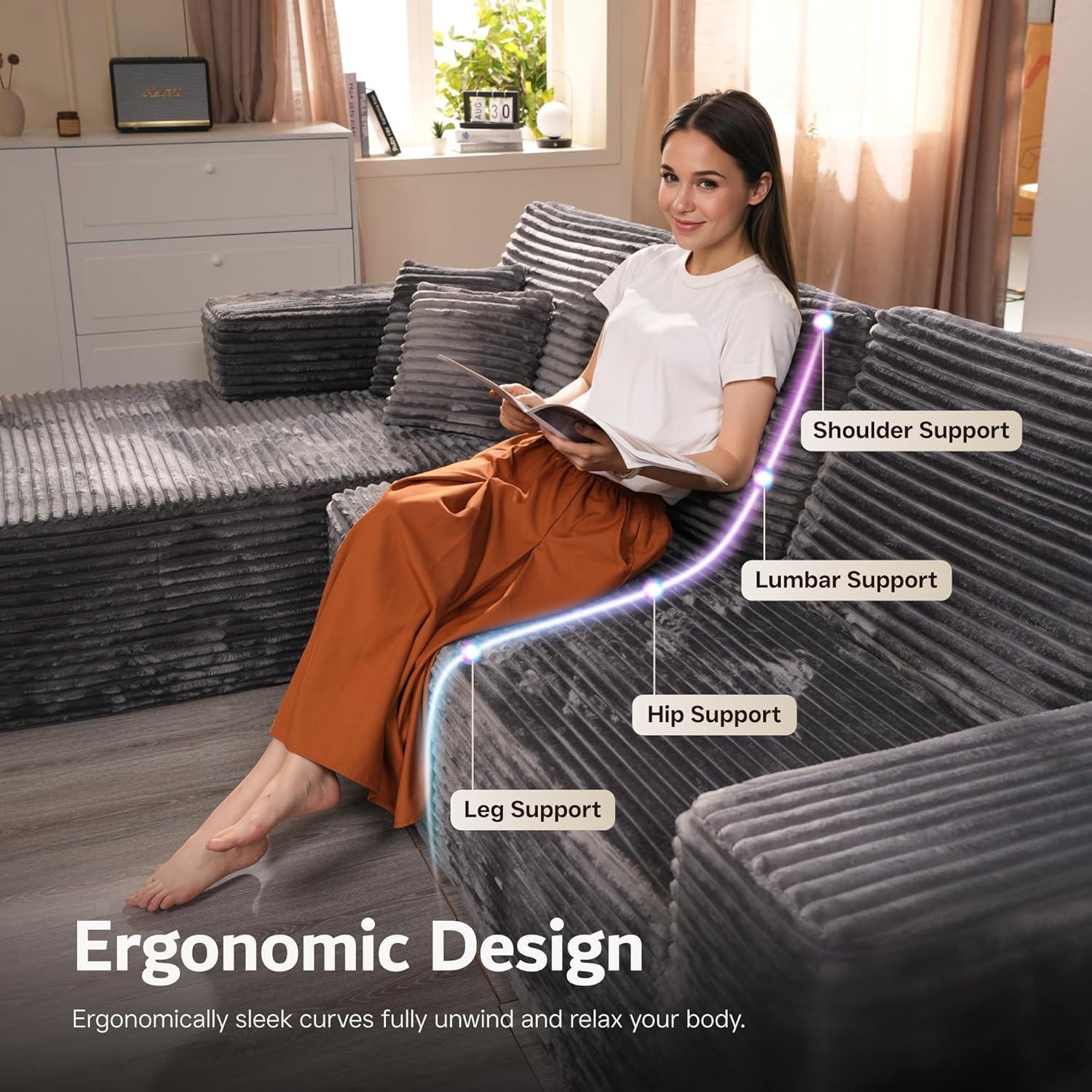 Ovios 135" U-Shape Modular Sectional Sofa Extra Large Plush Corduroy Couch with Ottoman Deep Seat Cloud Sofa Bed for Living Room, Gray, No Assembly Needed