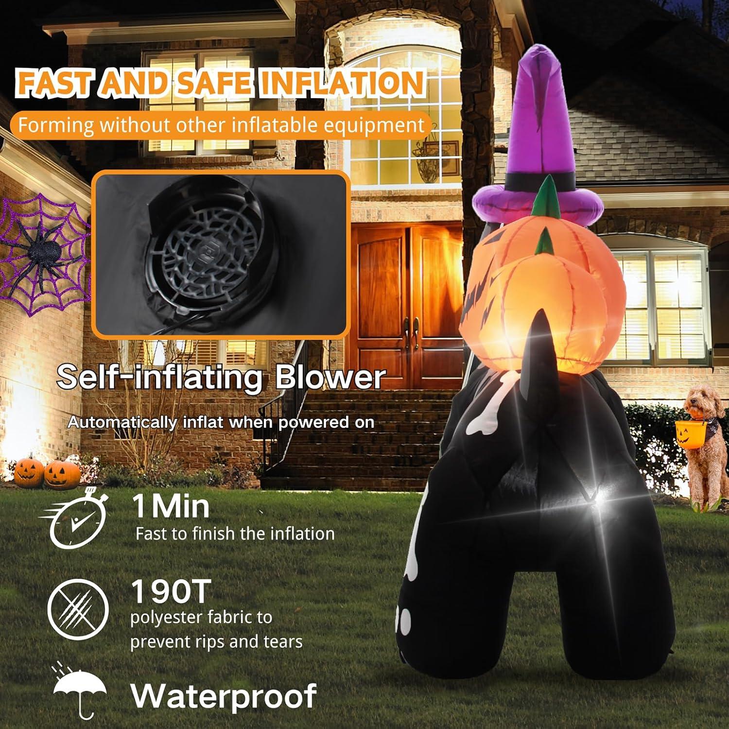 5 FT Halloween Inflatable Skeleton Dog with Pumpkins and LED Lights