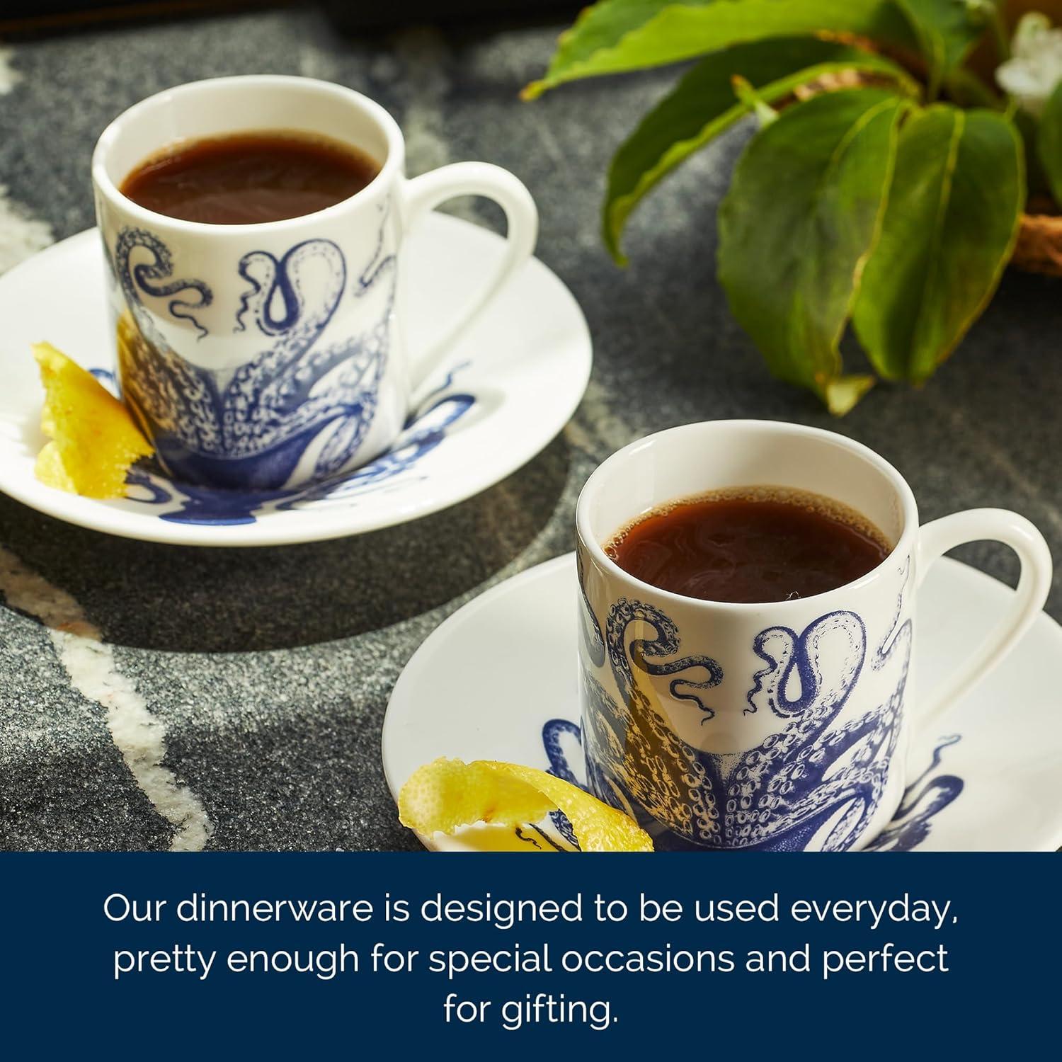 Lucy Blue and White Bone China Espresso Cup Set with Saucers