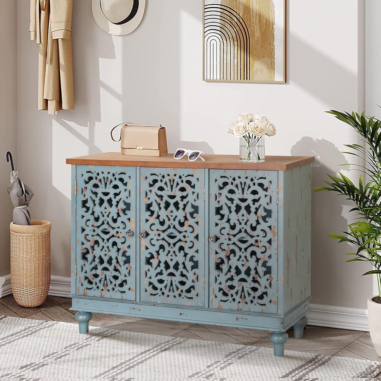 Blue Distressed Wood 3-Door Hollow-Carved Sideboard Cabinet