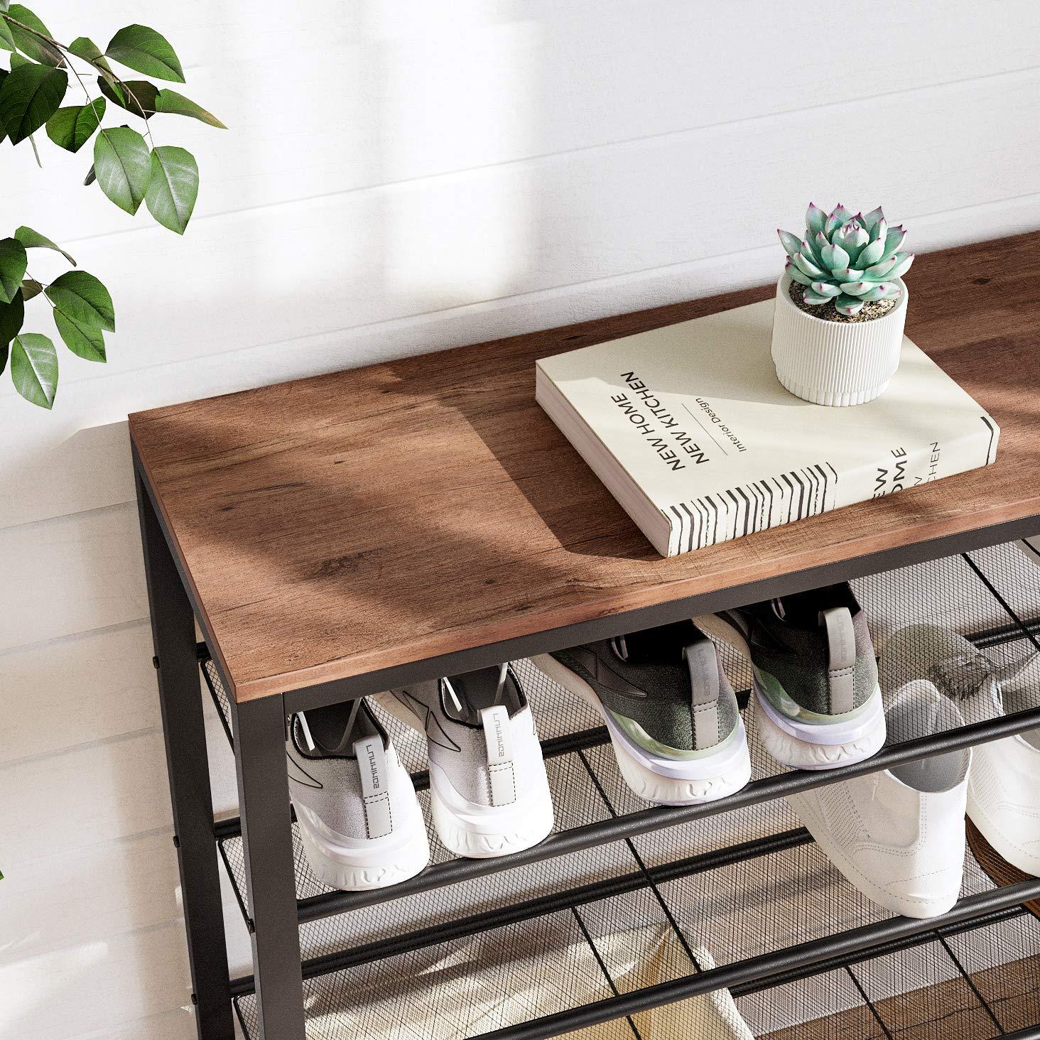 5-Tier Shoe Rack Bench Shoe Organizer for Closet 4 Mesh Shelves Entryway Hallway Shoe Shelf Steel Frame Industrial Brown and Black