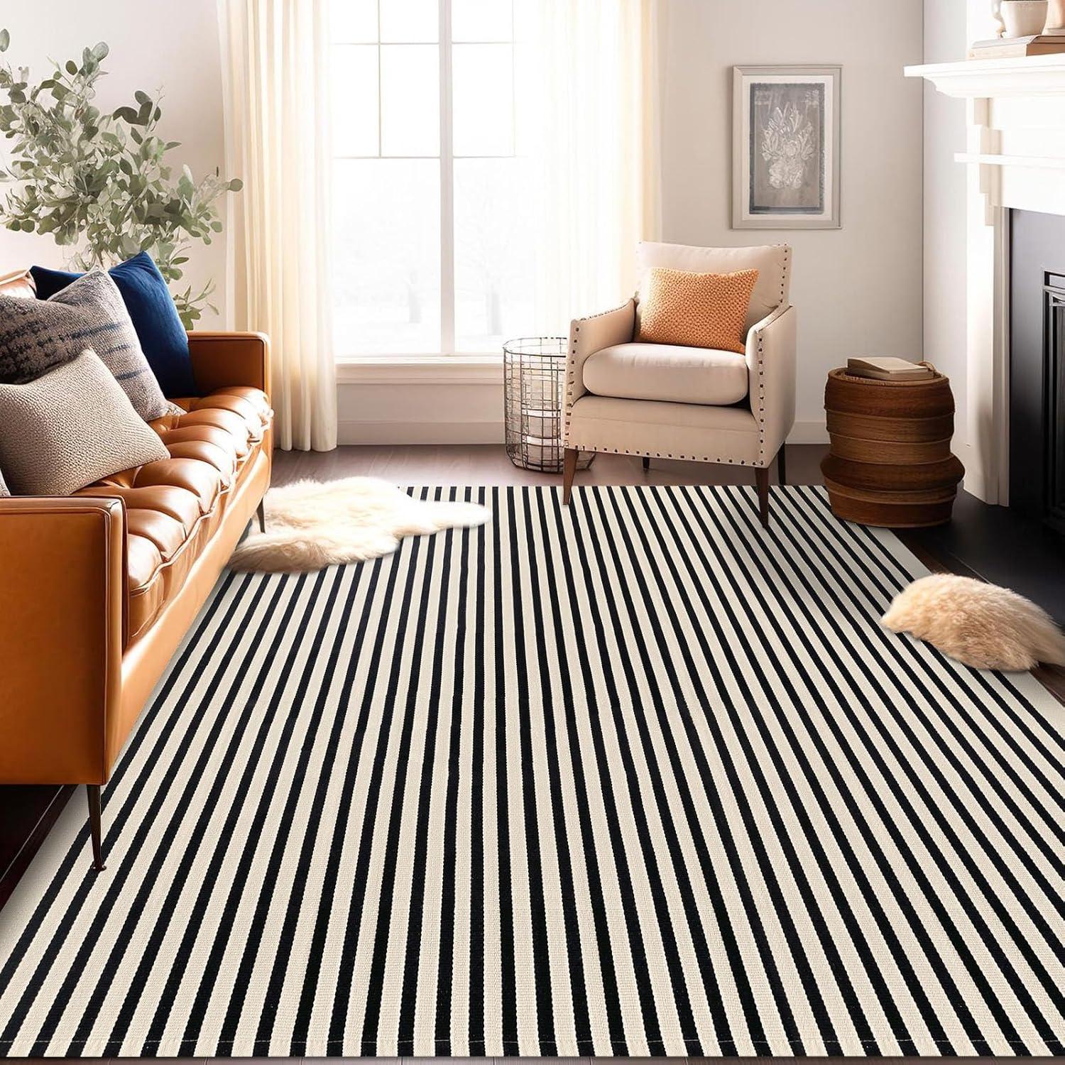 IOHOUZE Navy and White Striped Rug 2'x3' Front Door Rugs, Small Washable Area Rug for Front Porch, Spring Summer Doormats Outdoor Indoor, Cotton Rugs for Entryway Porch Entrance