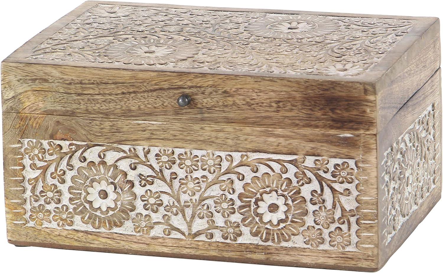 Set of 3 Mango Wood Carved Floral Boxes - Olivia & May: Coastal Style with Lids, Indoor Use, Non-Slip Base