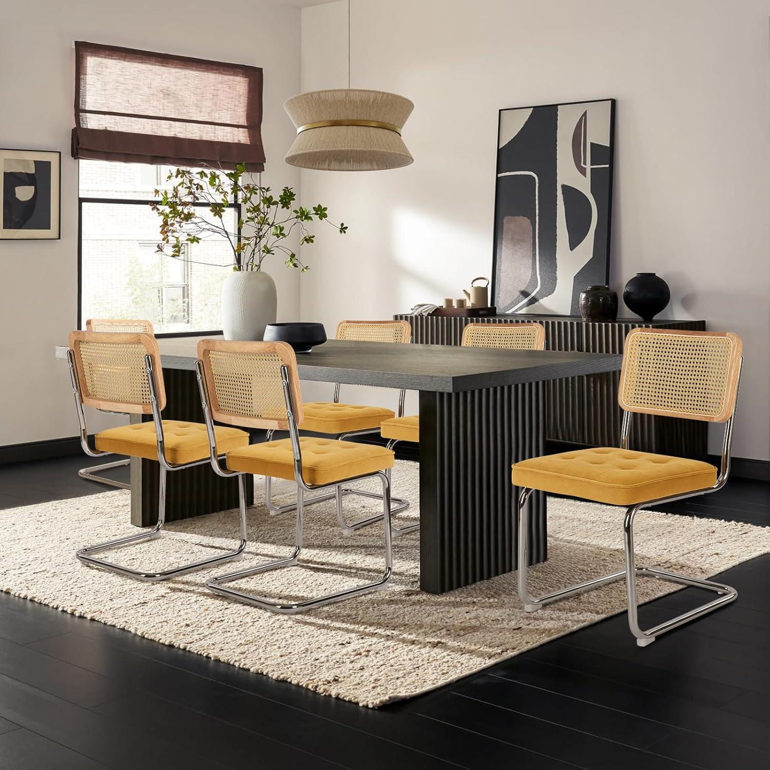 COLAMY Velvet Rattan Dining Chairs Set of 2, Mid Century Modern Dining Room Kitchen Side Chairs with Metal Chrome Legs and Upholstered Seat for Home, Living Room, Bedroom - Yellow