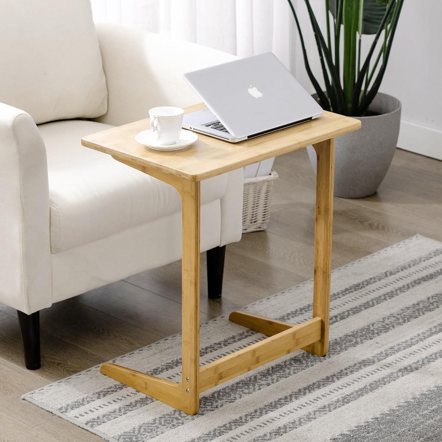 Natural Bamboo C-Shaped TV Tray Table for Sofa and Bed