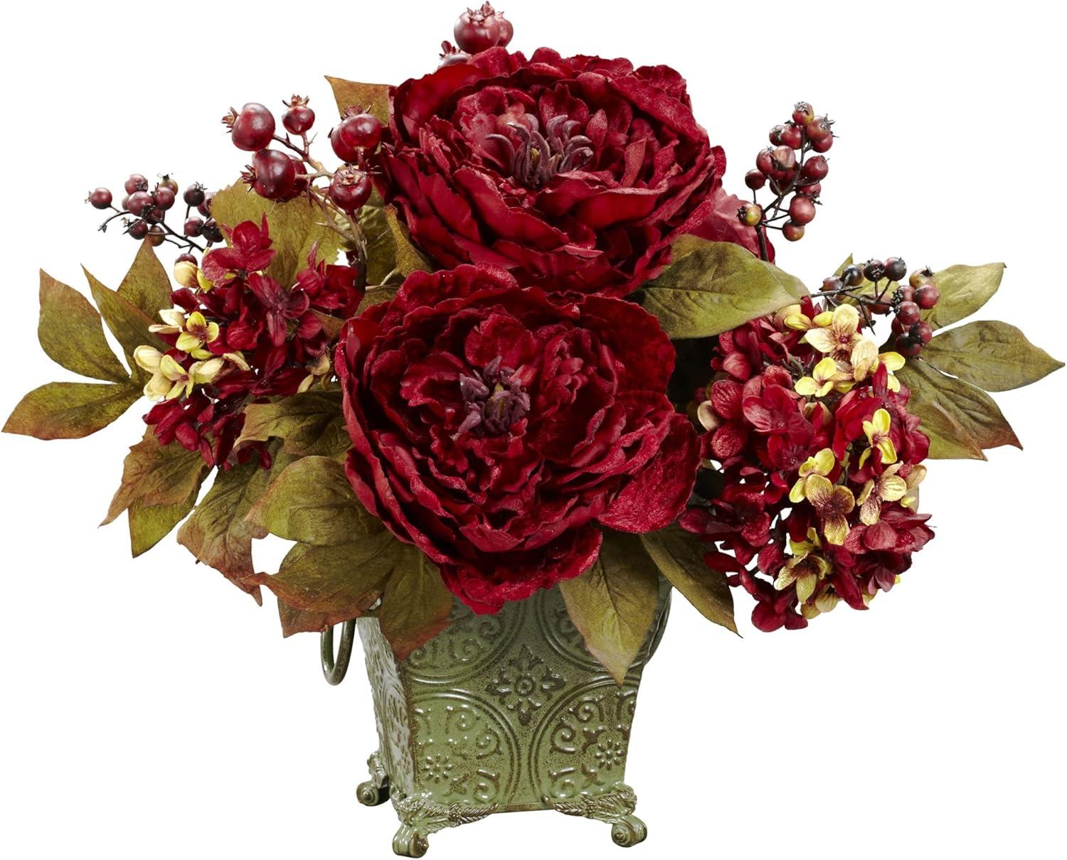 Nearly Natural Peony & Hydrangea Silk Flower Arrangement - Red