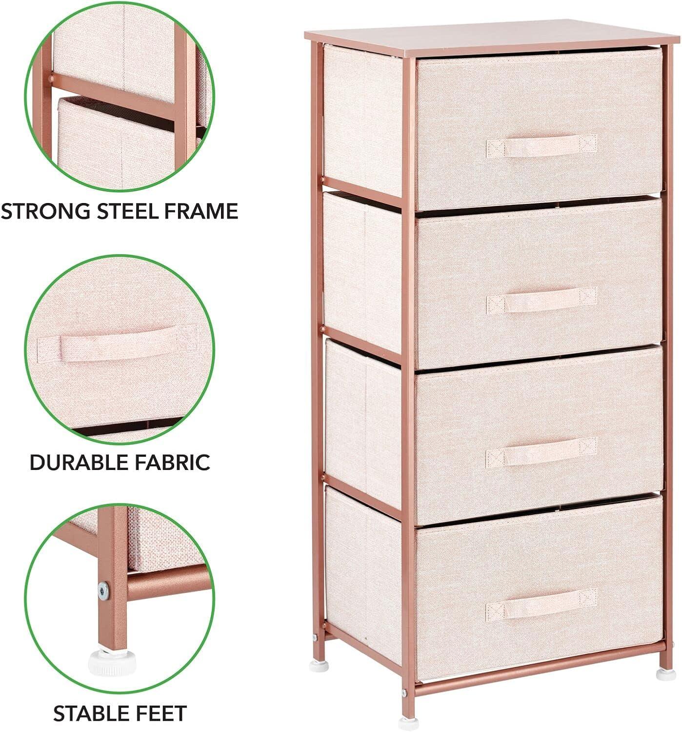 mDesign Tall Dresser Storage Tower Stand, 4 Fabric Drawers - Lt. Pink/Rose Gold