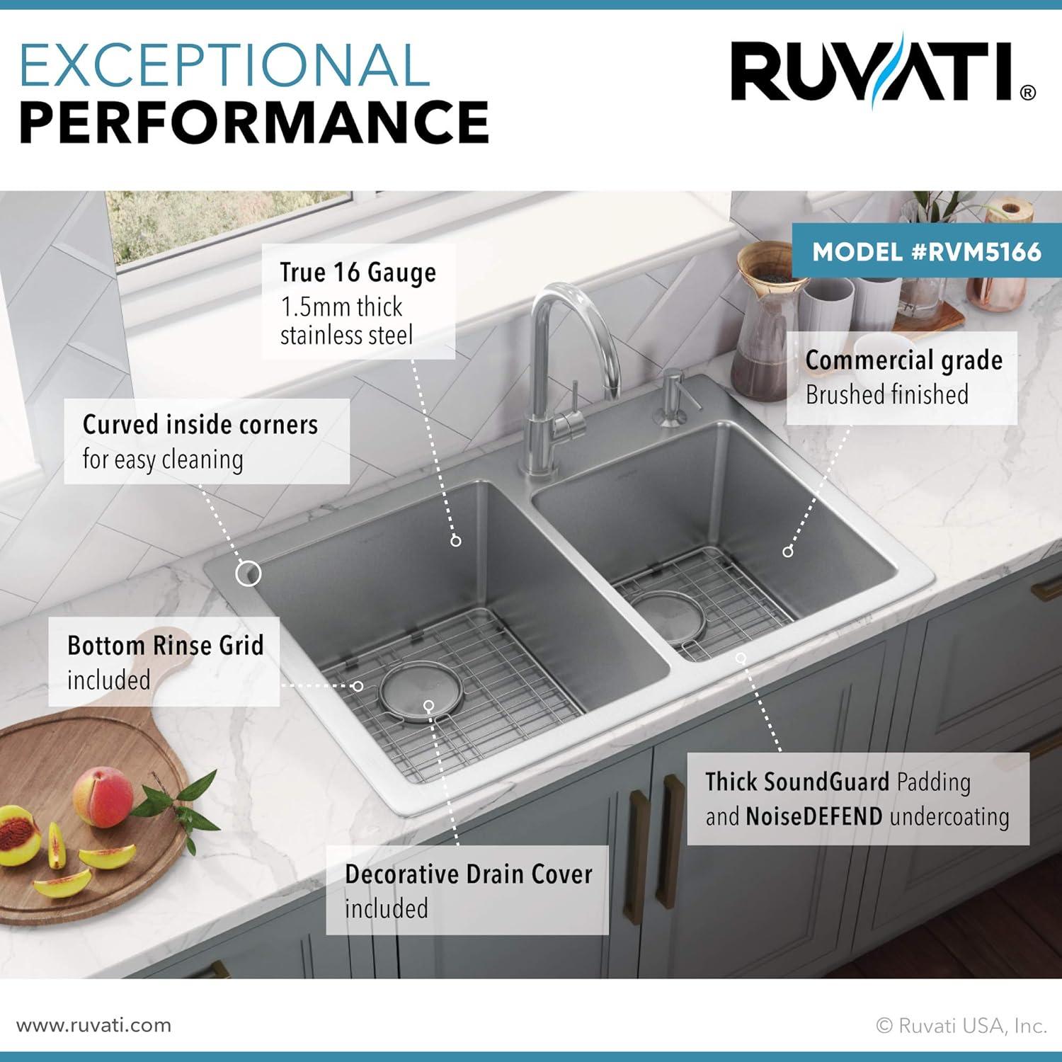 Ruvati Rvm5166 Modena 33" Drop-In Double Basin 16 Gauge Stainless Steel Kitchen Sink -