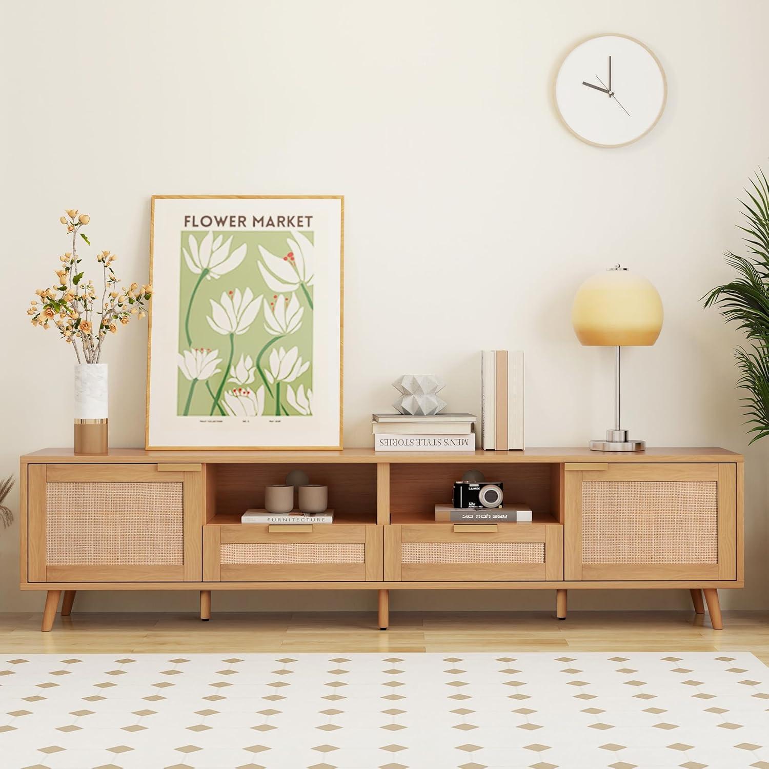 Rattan TV Stand for 85''+ TV, Mid Century Modern Entertainment Center with Rattan Decor Doors, Wood TV Console with 2 Doors & 2 Open Shelves & Drawers for Living Room, Bedroom, Natural