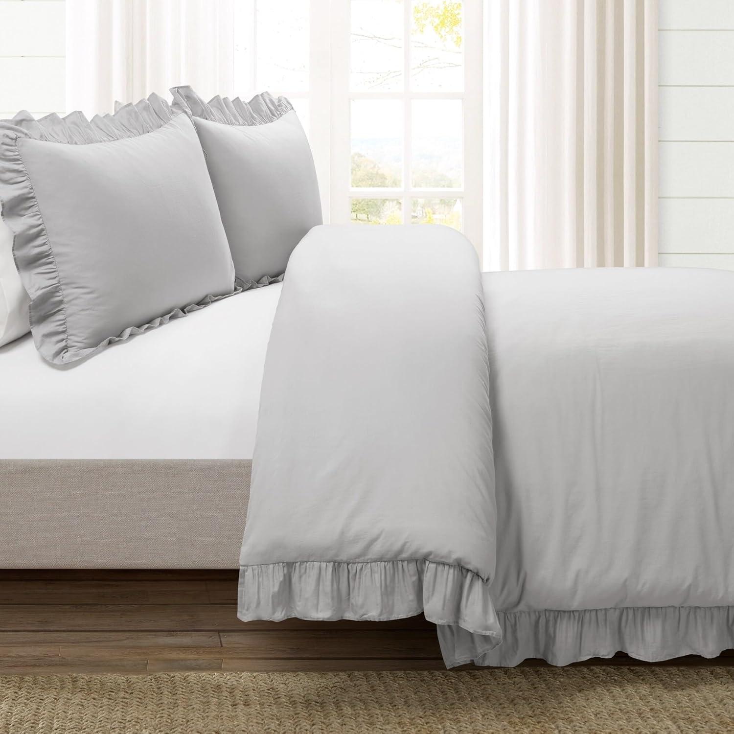 Lush Décor 3pc Full/Queen Reyna 100% Cotton Duvet Cover Set Light Gray: Chic Bedding with Ruffles, No Closure Design