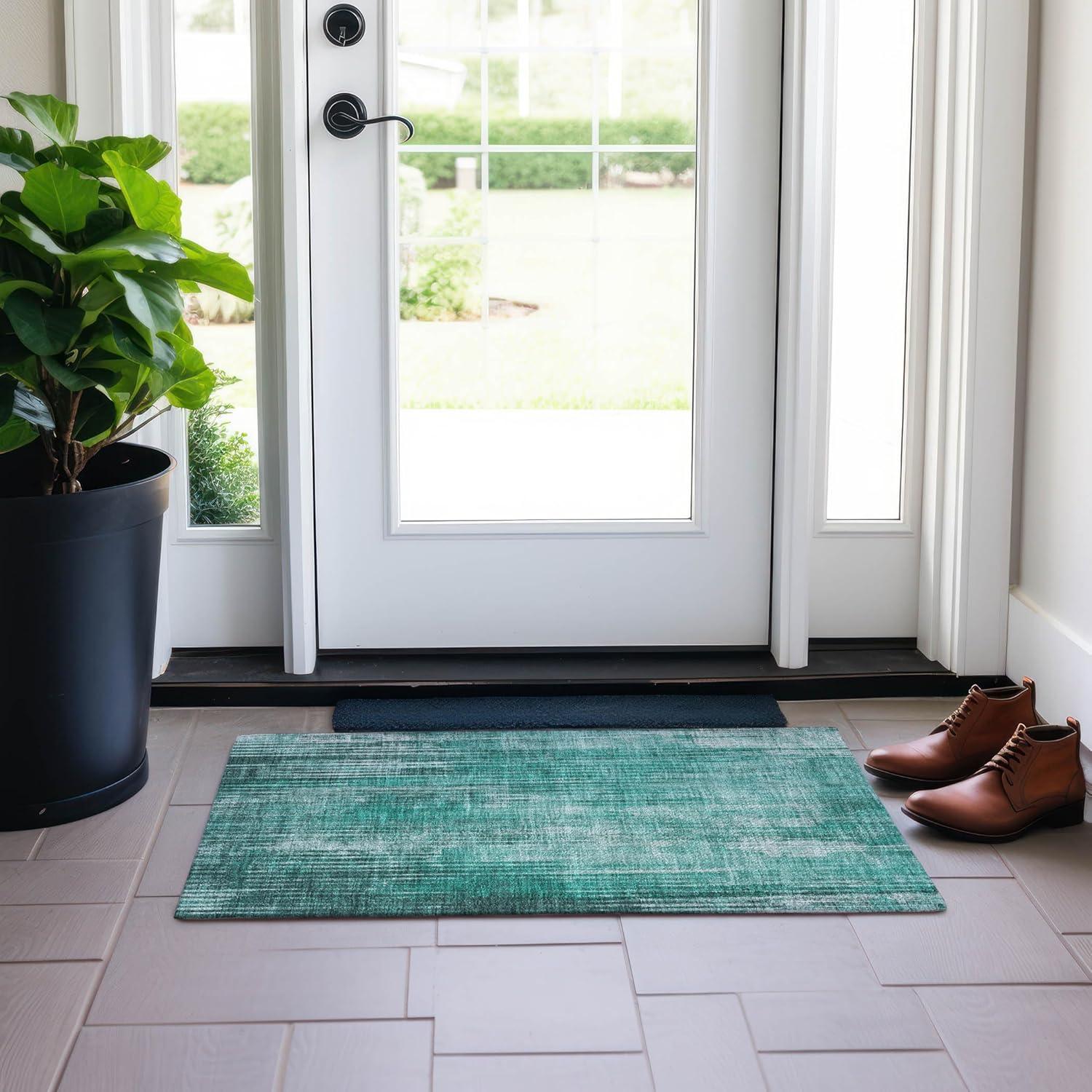 Teal Striped Flat Woven Synthetic Rectangular Rug 1'8" x 2'6"