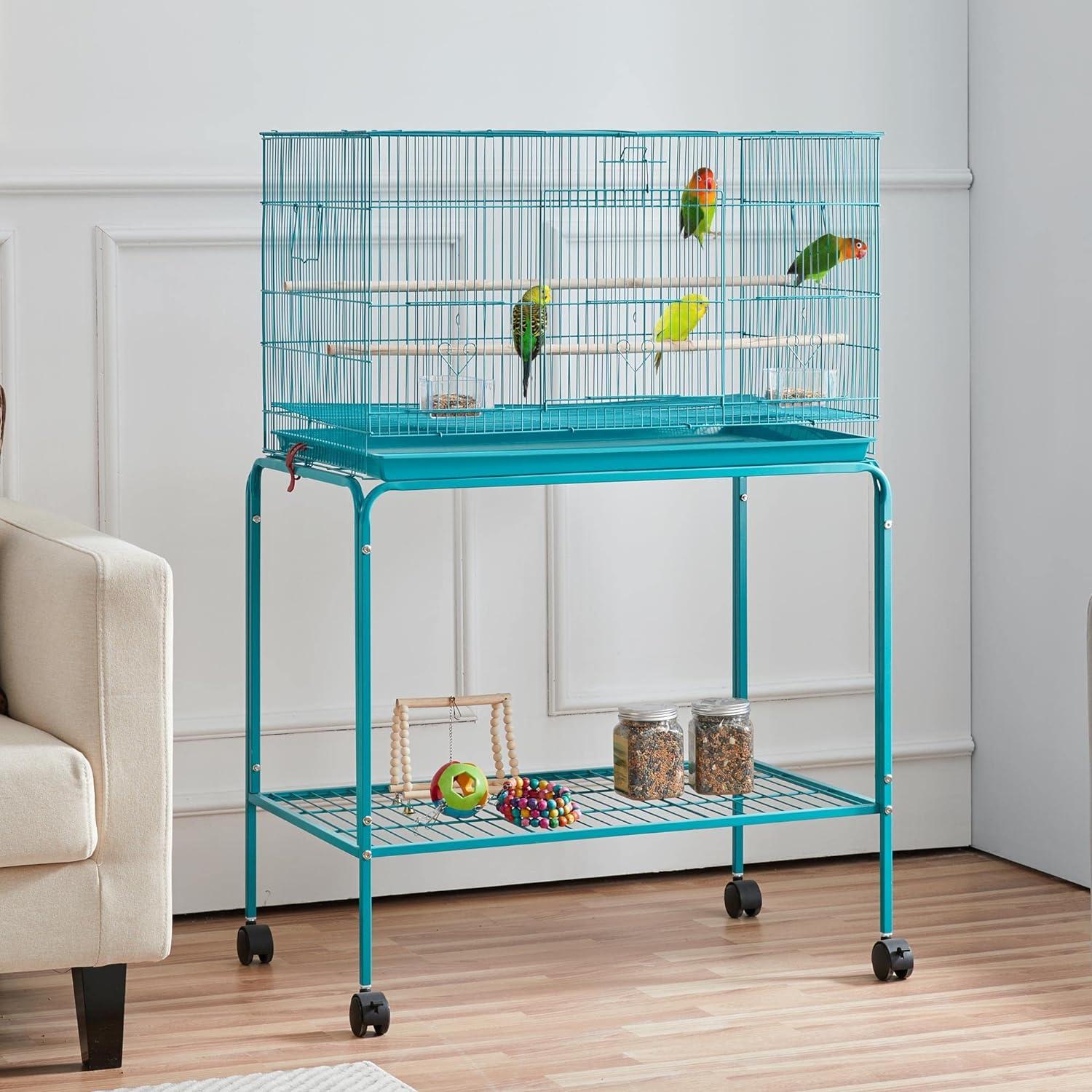 Teal Blue 47" Rolling Stand Flight Bird Cage with Slide-Out Tray