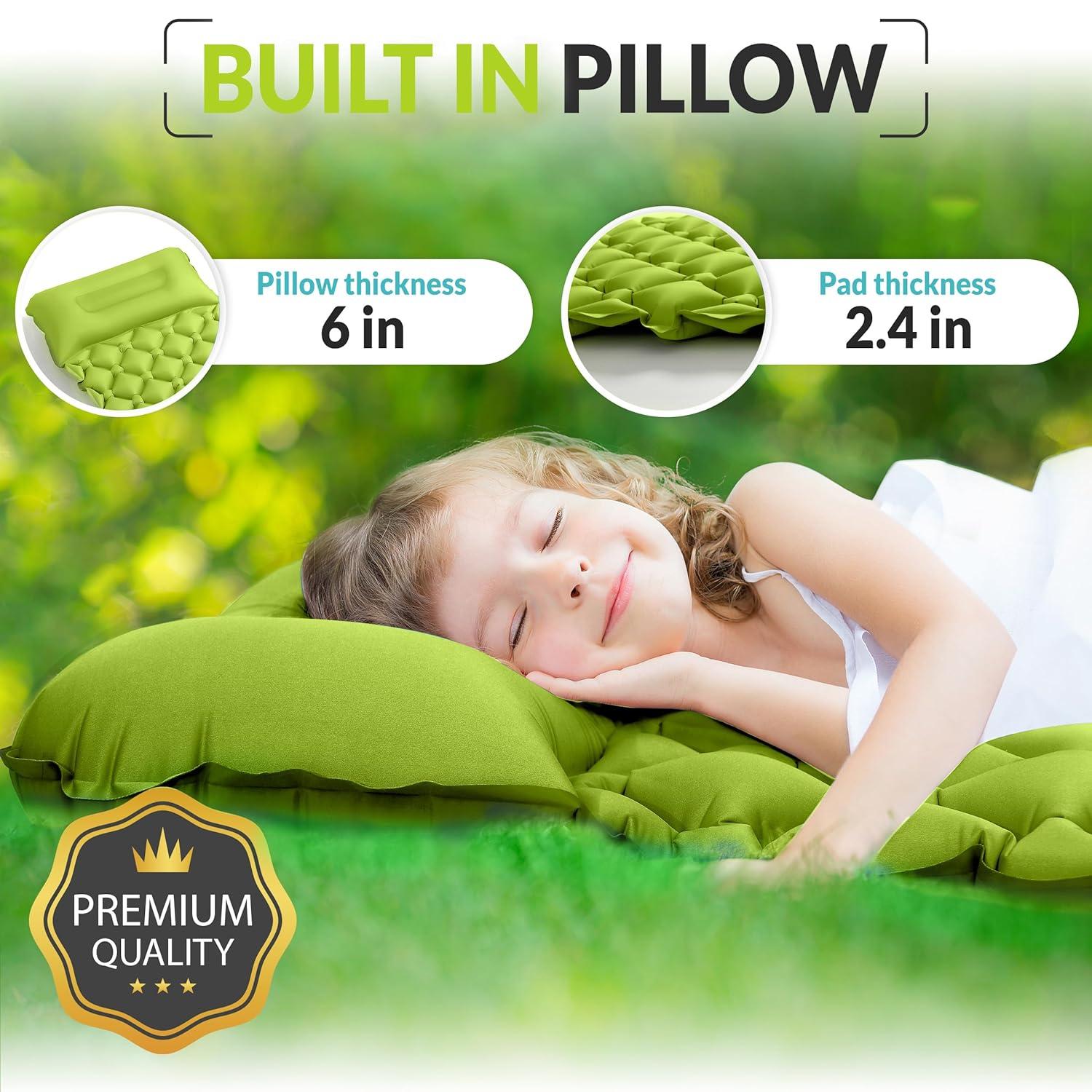 Kids Sleeping Pad for Camping and Sleepovers with Pillow, Inflatable Camping Mattress for Backpacking & Travel, Thick Toddler Cot Mat, Fast Inflating Camping Sleeping Pads for Kids