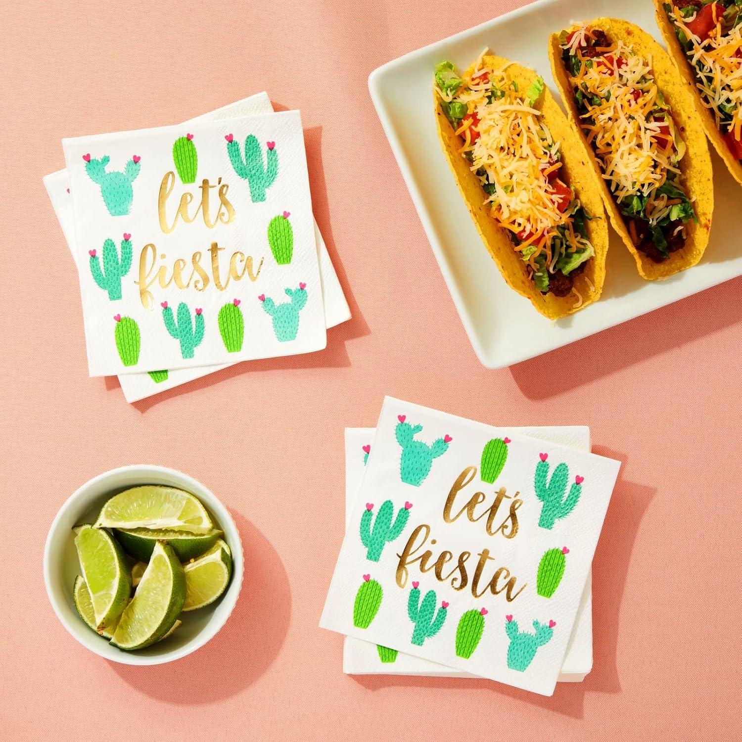 Juvale 50 Pack Let’s Fiesta Taco Napkins for Party, Cinco De Mayo Party Decorations, Paper Margarita Napkins, 5x5 In