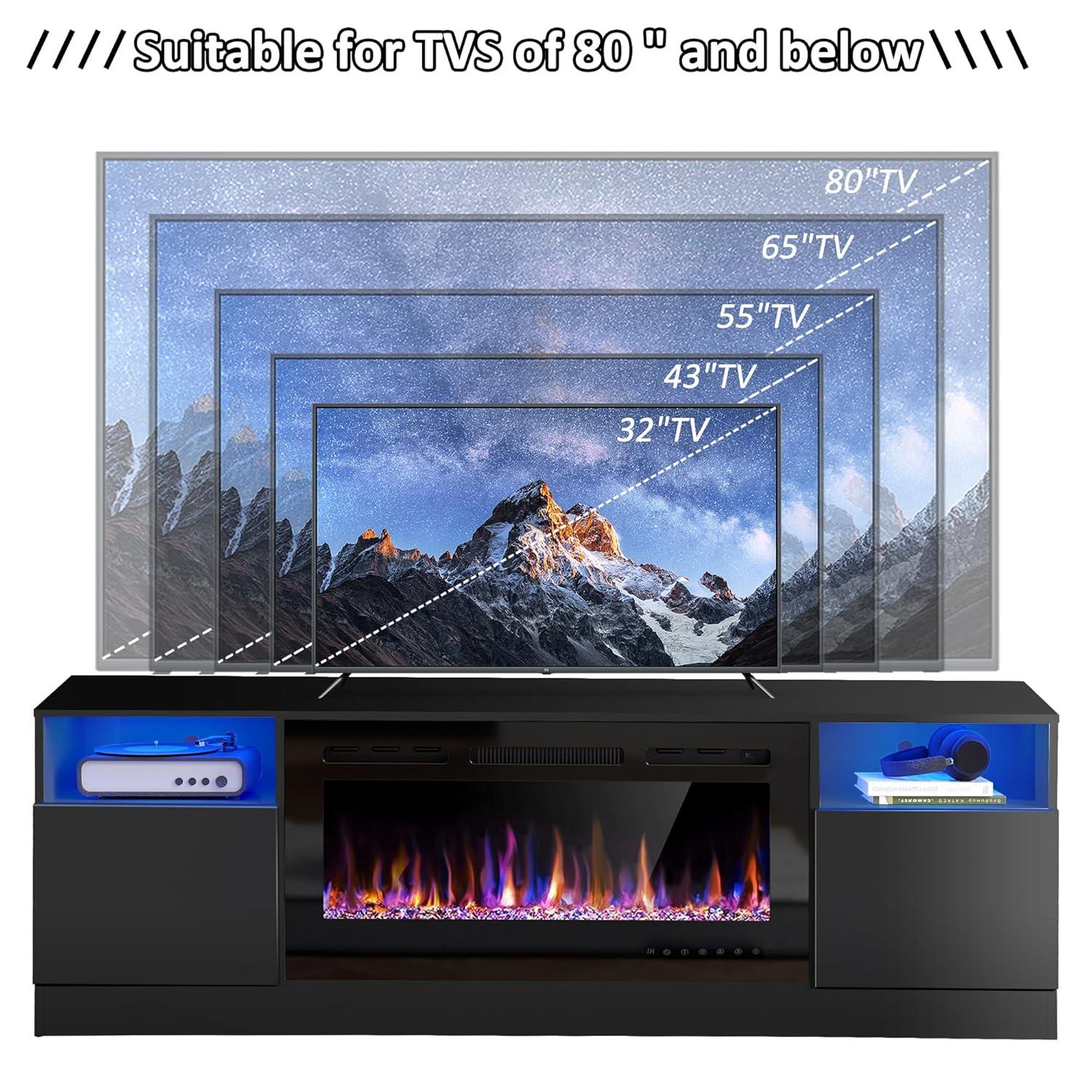 Hohenstein 70'' Fireplace Media Console, LED TV Stand for TVs Up to 80" with 36" Electric Fireplace