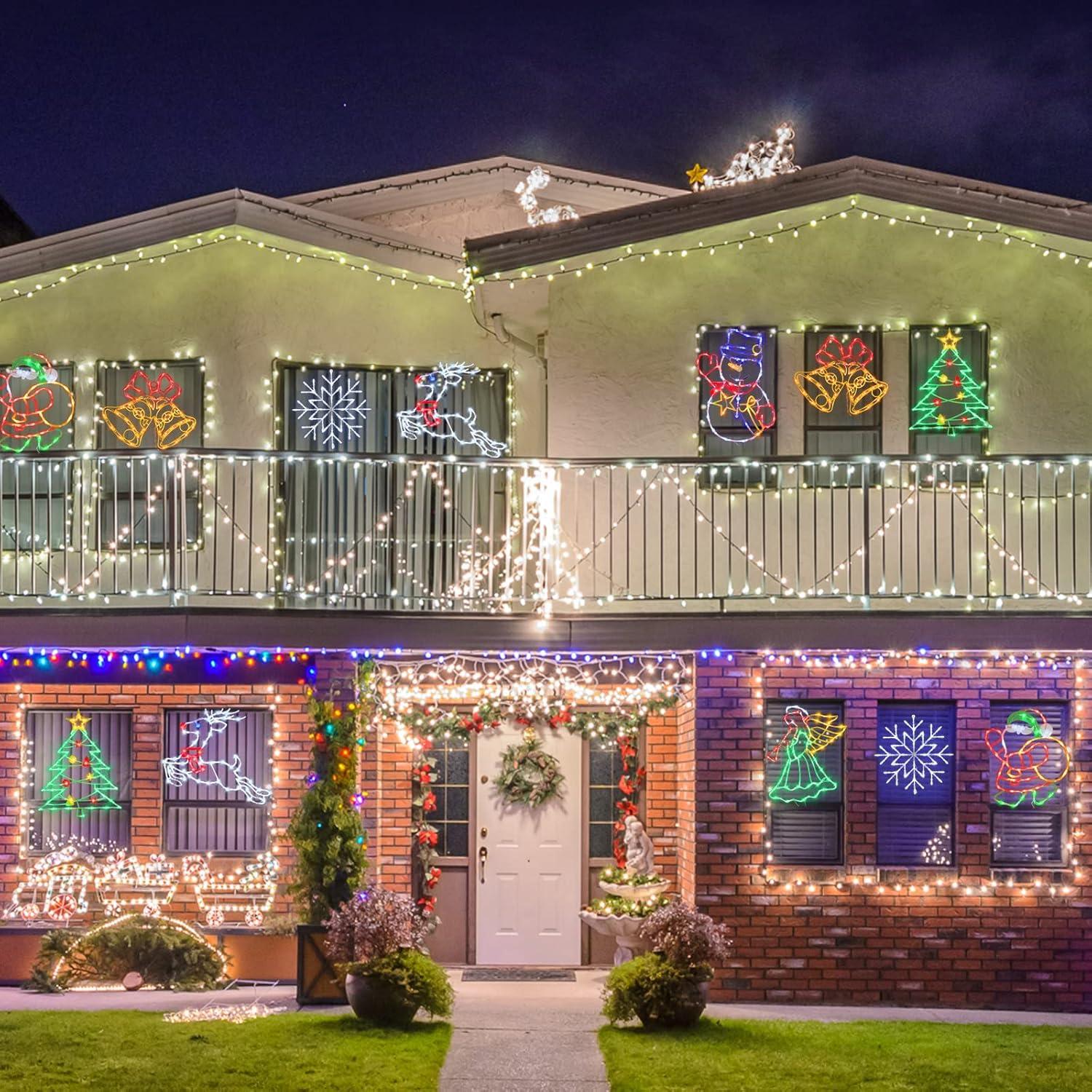 16 Inch Christmas Window Silhouette Lights Decorations, 4 Pack Waterproof Window Hanging Lights Elk, Christmas Tree, Santa Claus, Wreaths for Party, Home Indoor Outdoor Wall - 200 Mini Bulbs