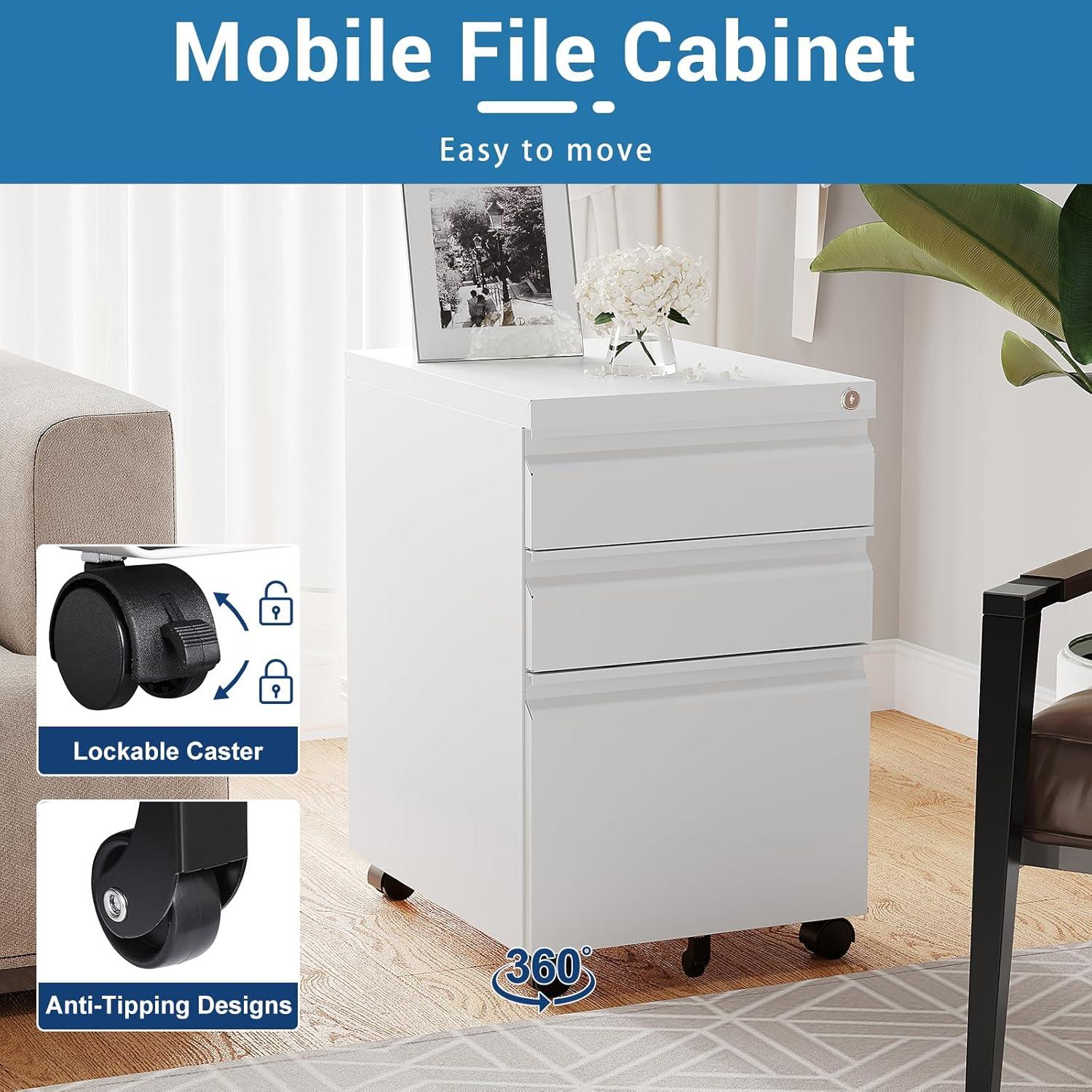 3 Drawer Mobile File Cabinet with Lock, Rolling File Cabinets for Home Office, Under Desk Small File Caninet on wheels, Metal Vertical White Filing Cabnet for Legal/Letter/A4 - Assembly Required