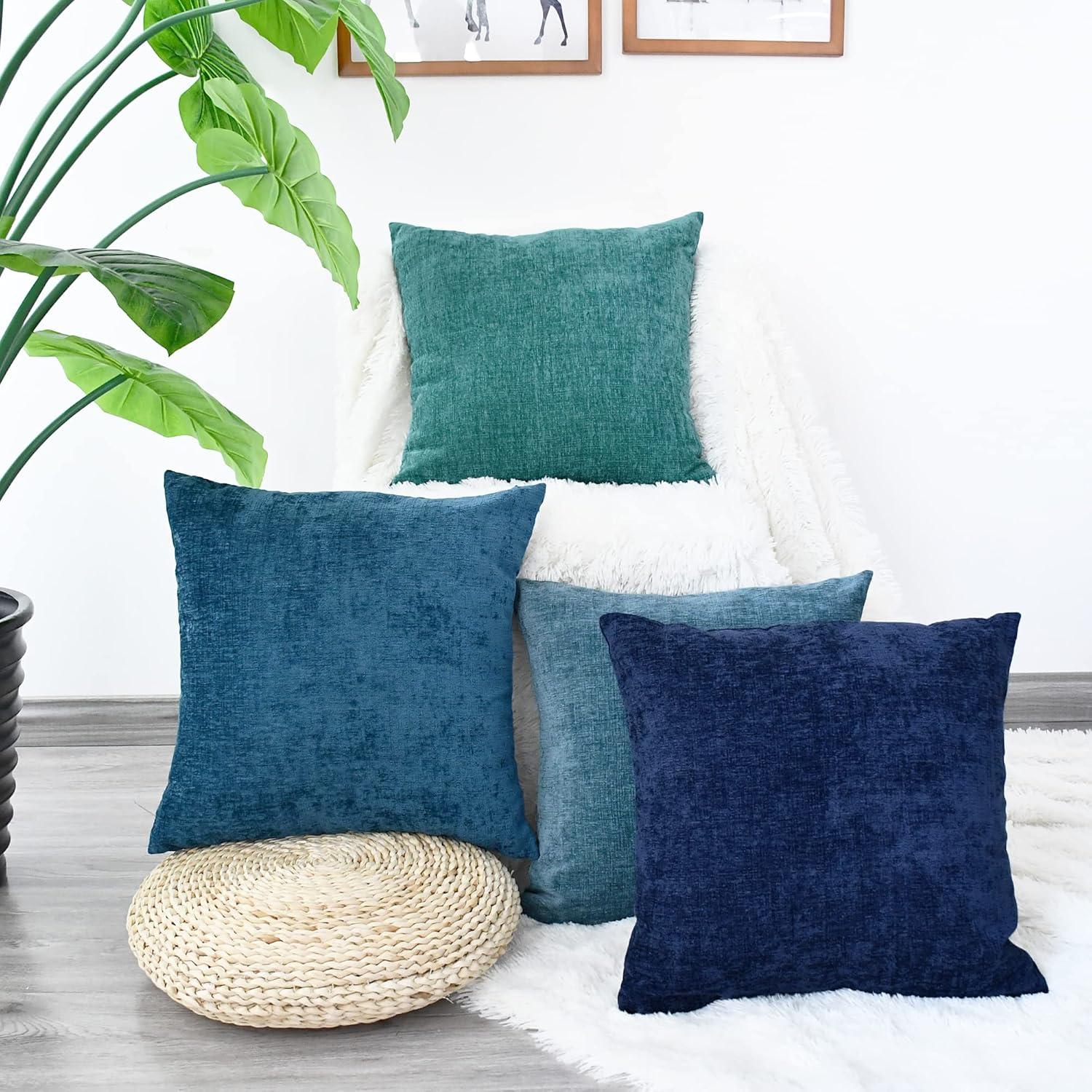 CaliTime Throw Pillow Covers Set of 4 Modern Multi-Color Matching Cozy Soft Chenille Cushion Cases Shells for Couch Sofa Home Decor 18 X 18 Inches Teal Navy Ocean Smoke Blue