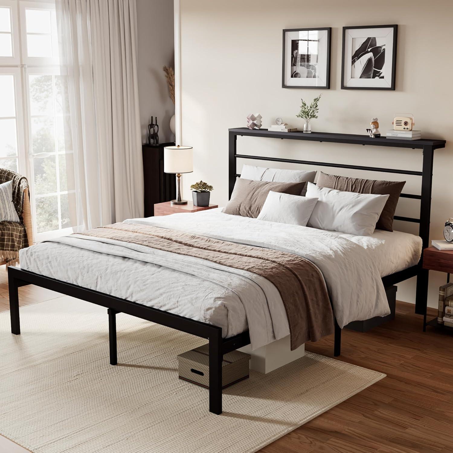 Killeryuki Queen Size Bed Frame with Headboard Shelf, Heavy Duty Platform Bed Frame with Strong Metal Foundation, No Box Spring Needed, Black