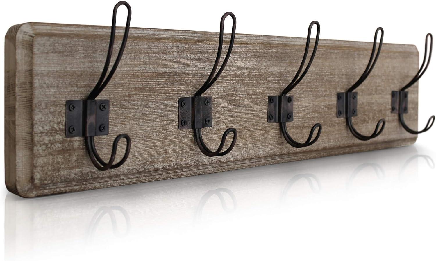 Weathered Brown Solid Pine Wall-Mounted Coat Rack with 5 Hooks