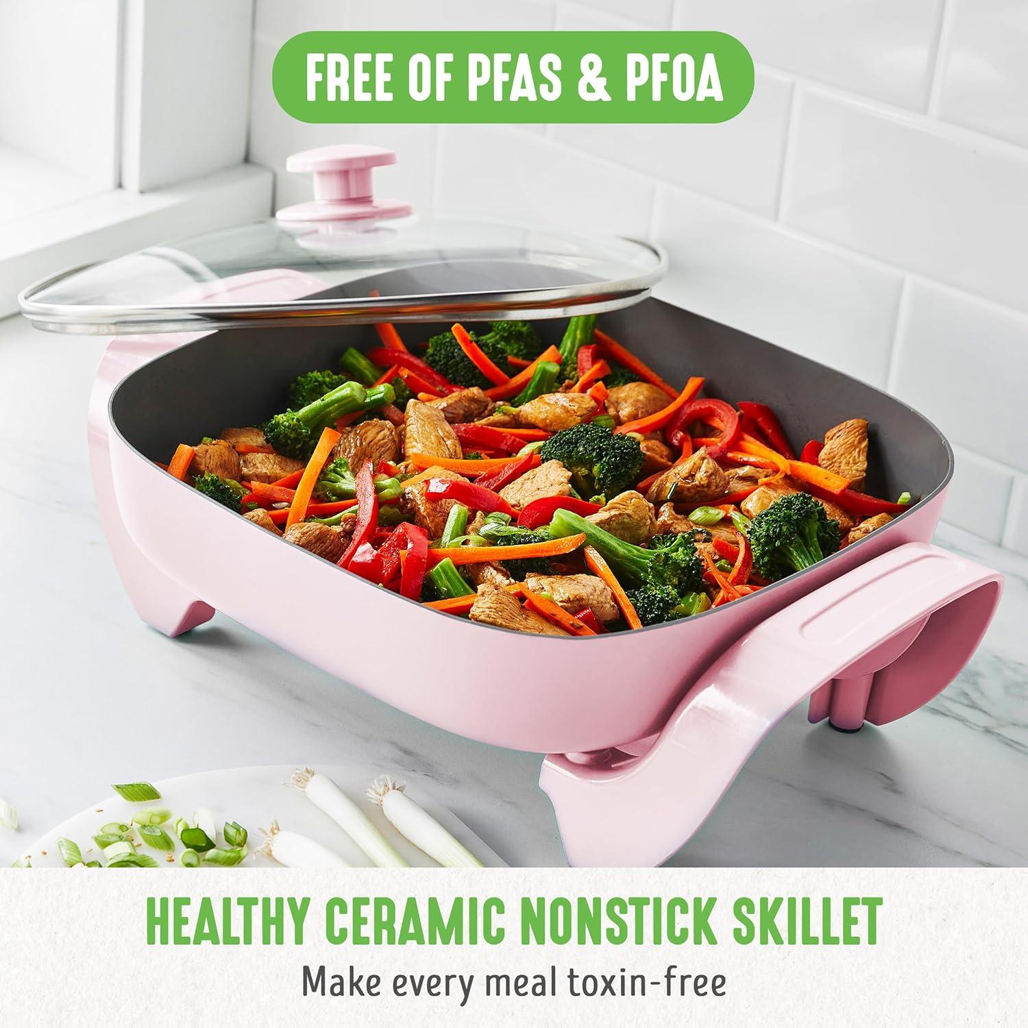 Pink Ceramic Nonstick Electric Skillet with Glass Lid