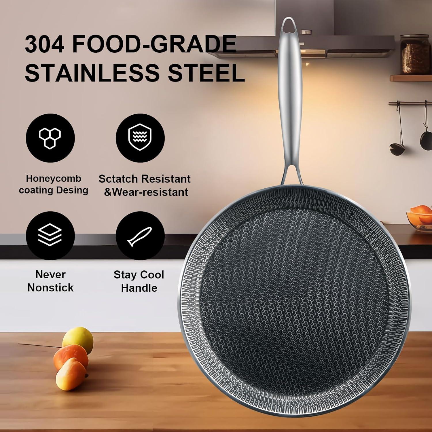 Innerwell 11'' Stainless Stee Nonstick Crepe Panl Honeycomb Coating Flat Skillet Tawa Dosa Tortilla Pan PFOA-Free,Omelet Pan with All Stove Tops Available