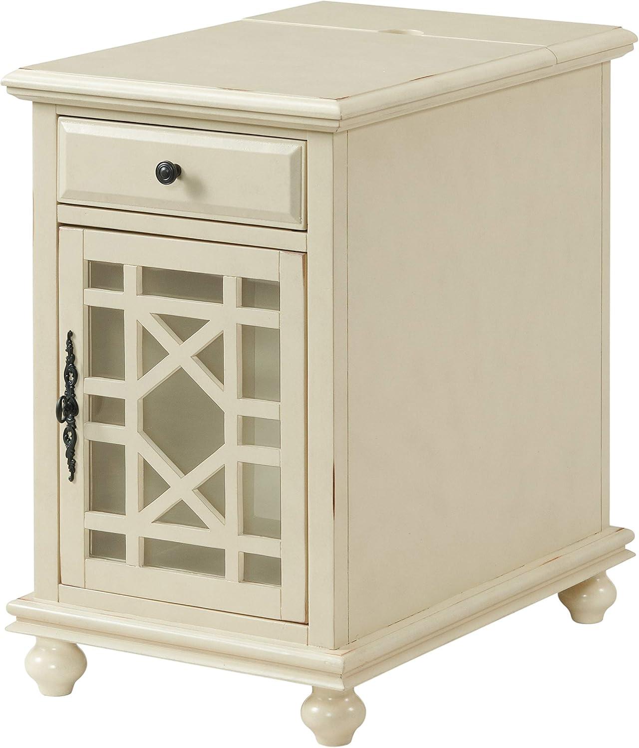 Chairside Table with 1 Drawer and 1 Trellis Door, Antique White- Saltoro Sherpi