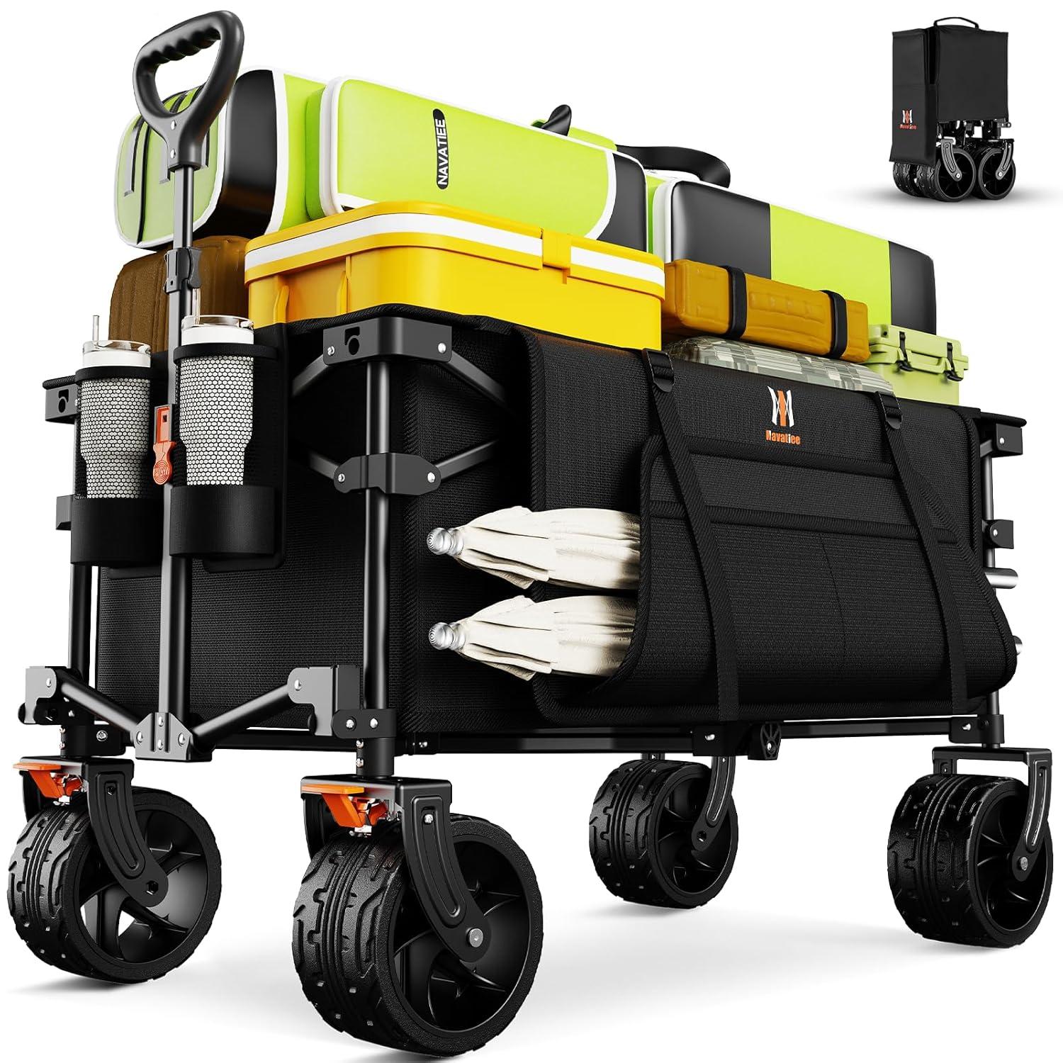 140L Collapsible Wagon Cart Foldable, Folding Utility Grocery Cart with Side Pocket and Brakes for Shopping, Sports, Camping and Garden, Black