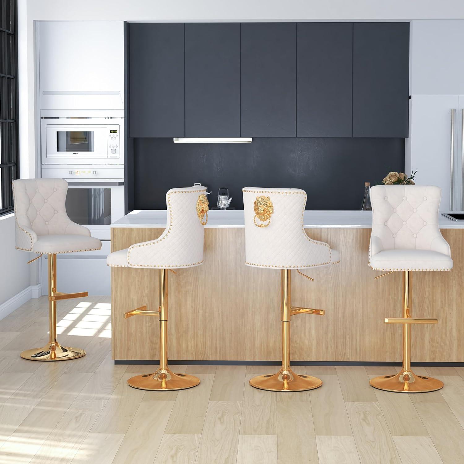 Bar Stools Set of 2, Swivel Barstools with Nailheads Trim, Velvet Button Tufted Back and Golden Footrest, Adjustable Counter Height Bar Stools for Kitchen Counter,Home Bar,Pub, Beige