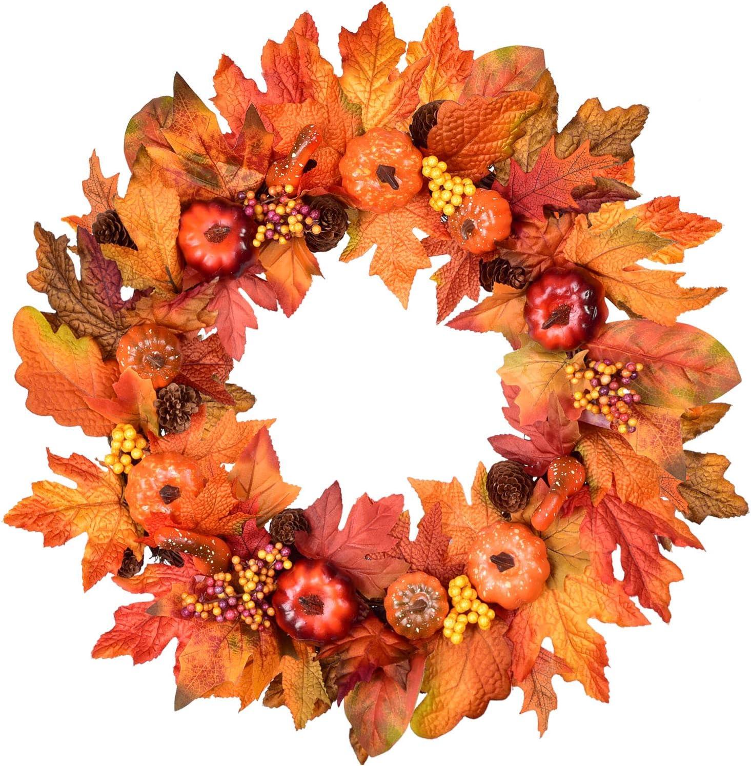 Fall Wreath 20’’ Autumn Front Door Wreath Harvest Wreath with Sunflower Pumpkins Berries Maple Leaves Daisies for Outside Indoor Home Wall Festival Thanksgiving Autumn Farmhouse Decor