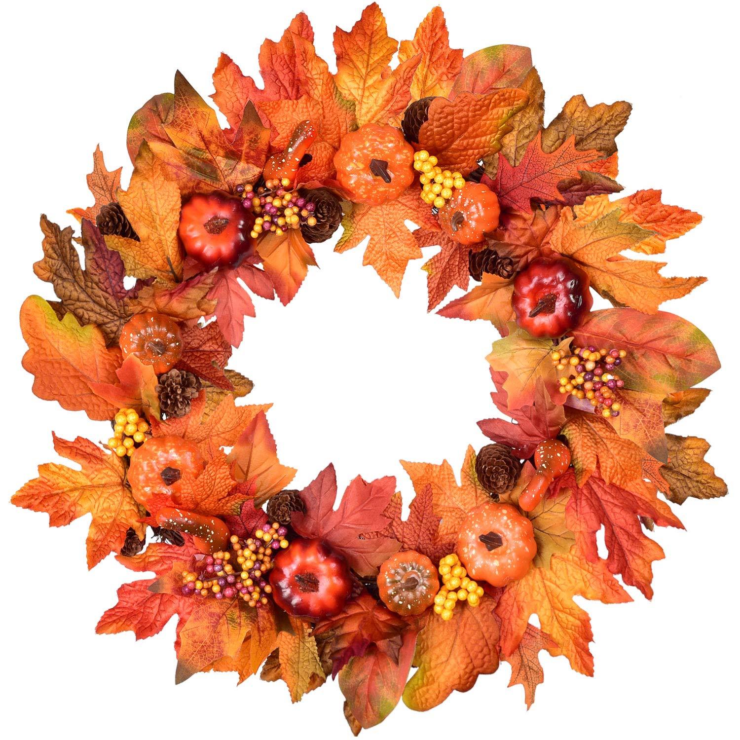 Fall Wreath 20’’ Autumn Front Door Wreath Harvest Wreath with Sunflower Pumpkins Berries Maple Leaves Daisies for Outside Indoor Home Wall Festival Thanksgiving Autumn Farmhouse Decor