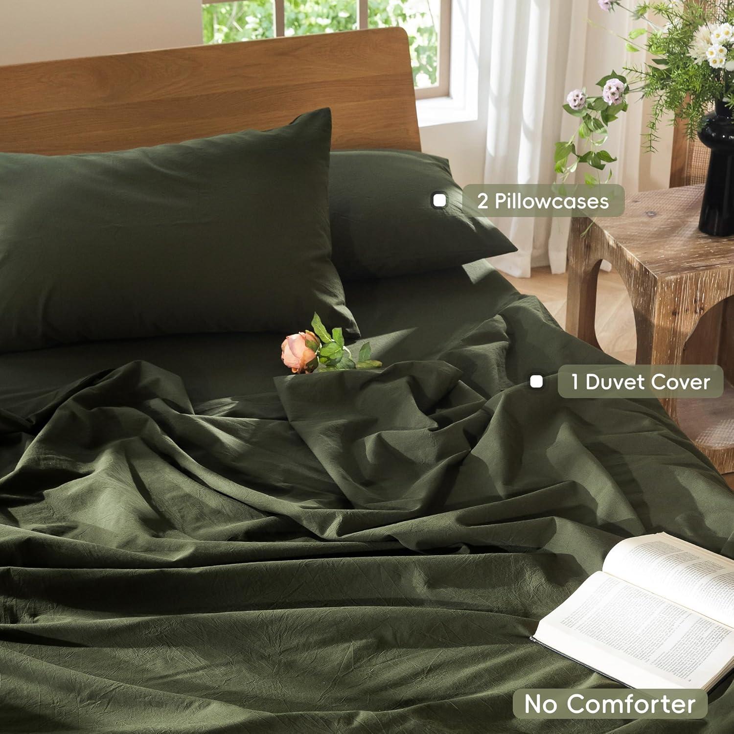 MOOMEE 100% Washed Cotton Linen Like Textured Duvet Cover Set