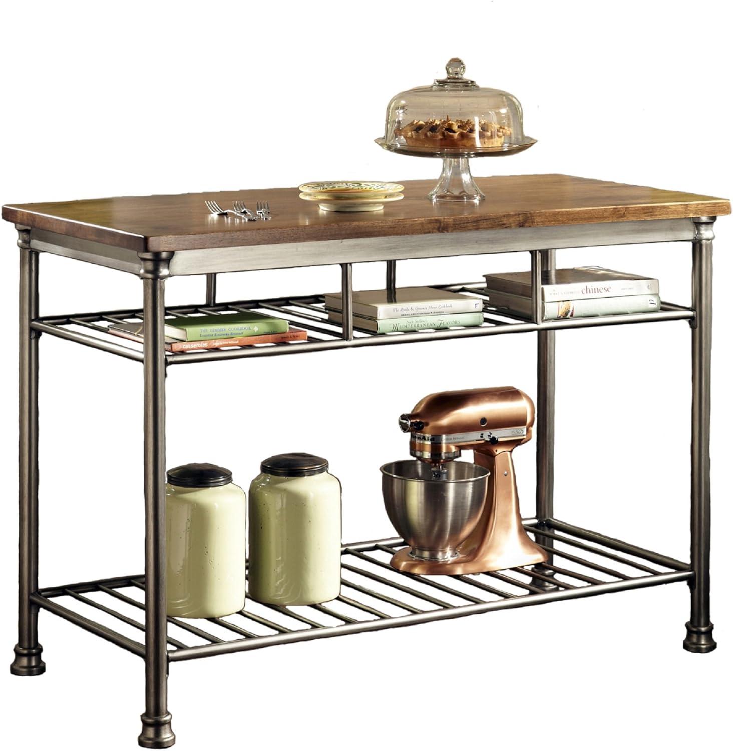 Orleans Kitchen Island: Homestyles Metal Frame, Wood Surface, 2 Shelves Storage Cart - Brown