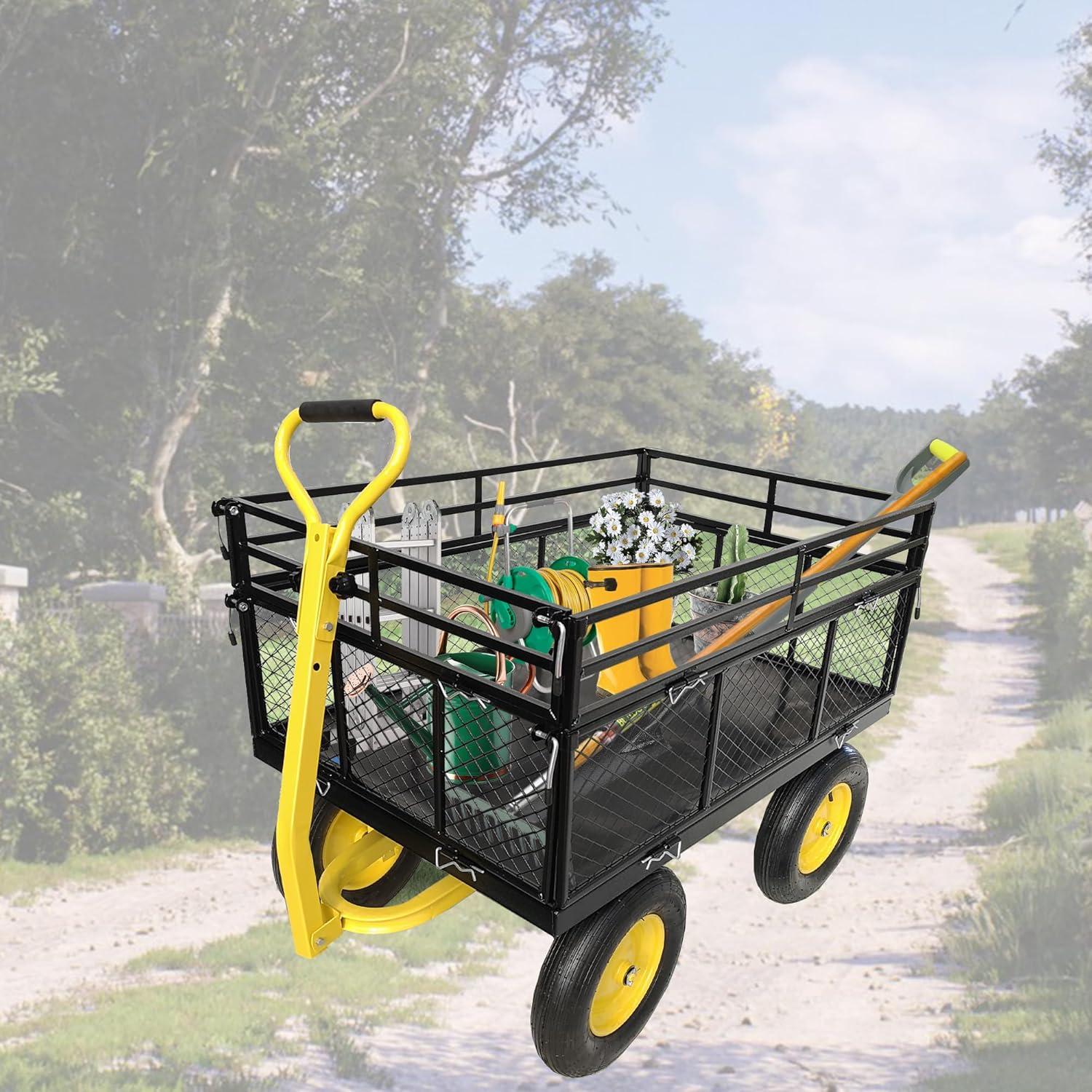 BENTISM Steel Garden Cart, Heavy Duty 1400 lbs Capacity, with Removable Mesh Sides to Convert into Flatbed, Utility Metal Wagon with 2-in-1 Handle and 15 in Tires