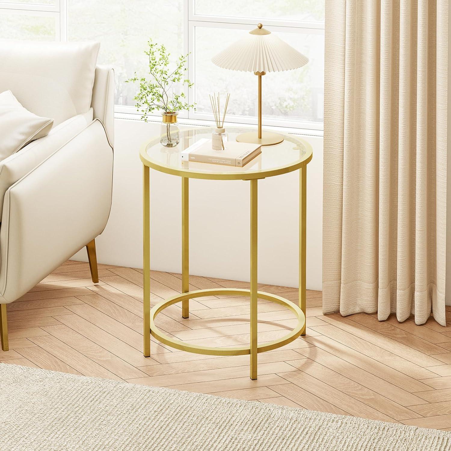 VASAGLE Round Side Table, Glass End Table with Metal Frame, Laurel Green Coffee Table with Modern Style