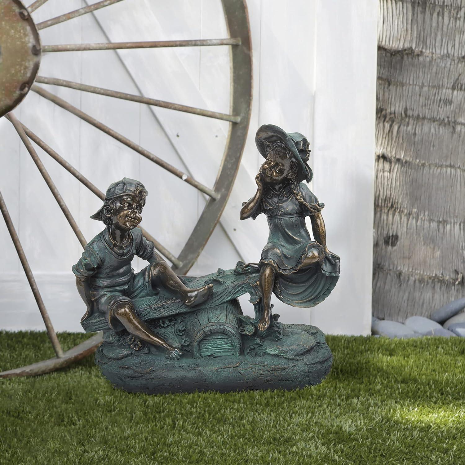 14" Indoor/Outdoor Girl and Boy Playing on Teeter Totter Statue Yard Décor Bronze - Alpine Corporation