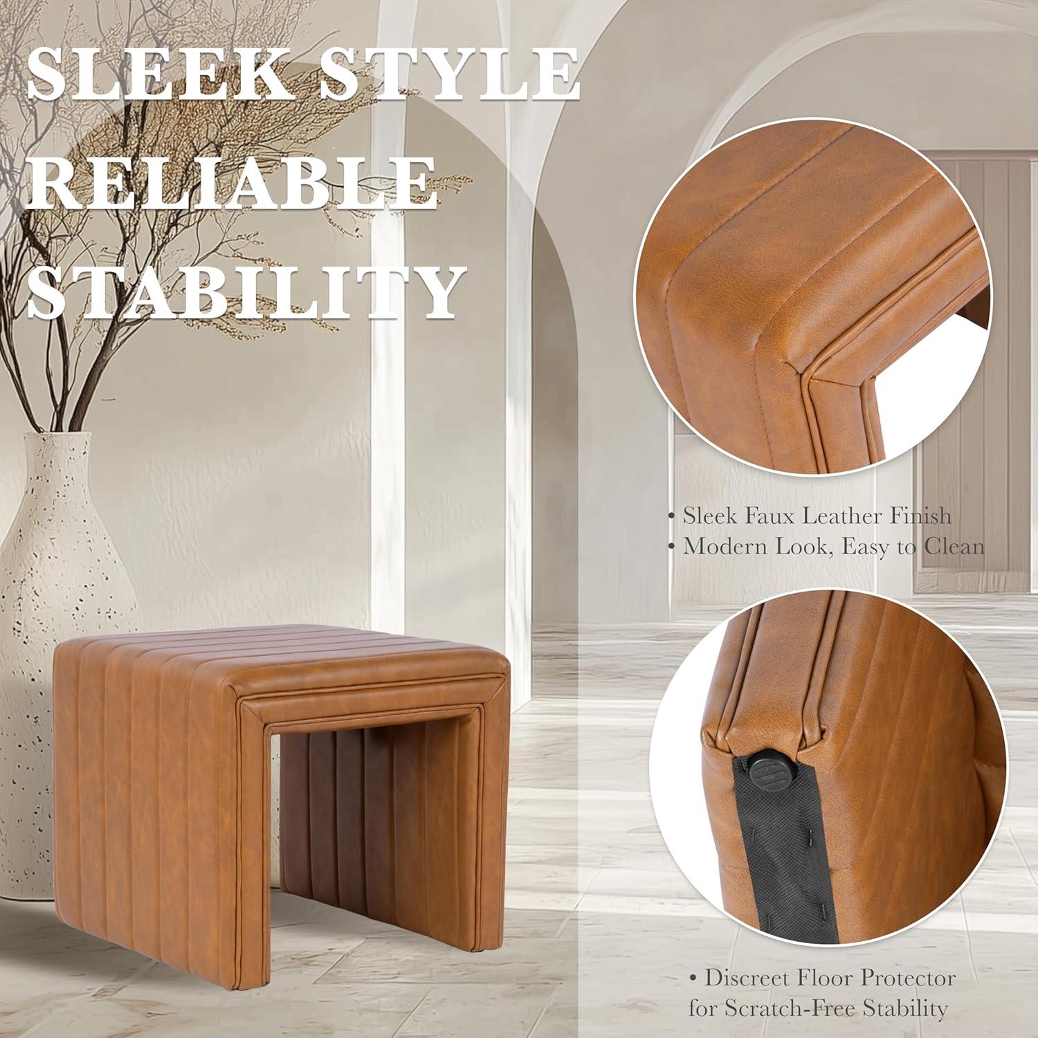 Modern Channel Ottoman Caramel Faux Leather - HomePop: Upholstered Rectangle, No Assembly Required