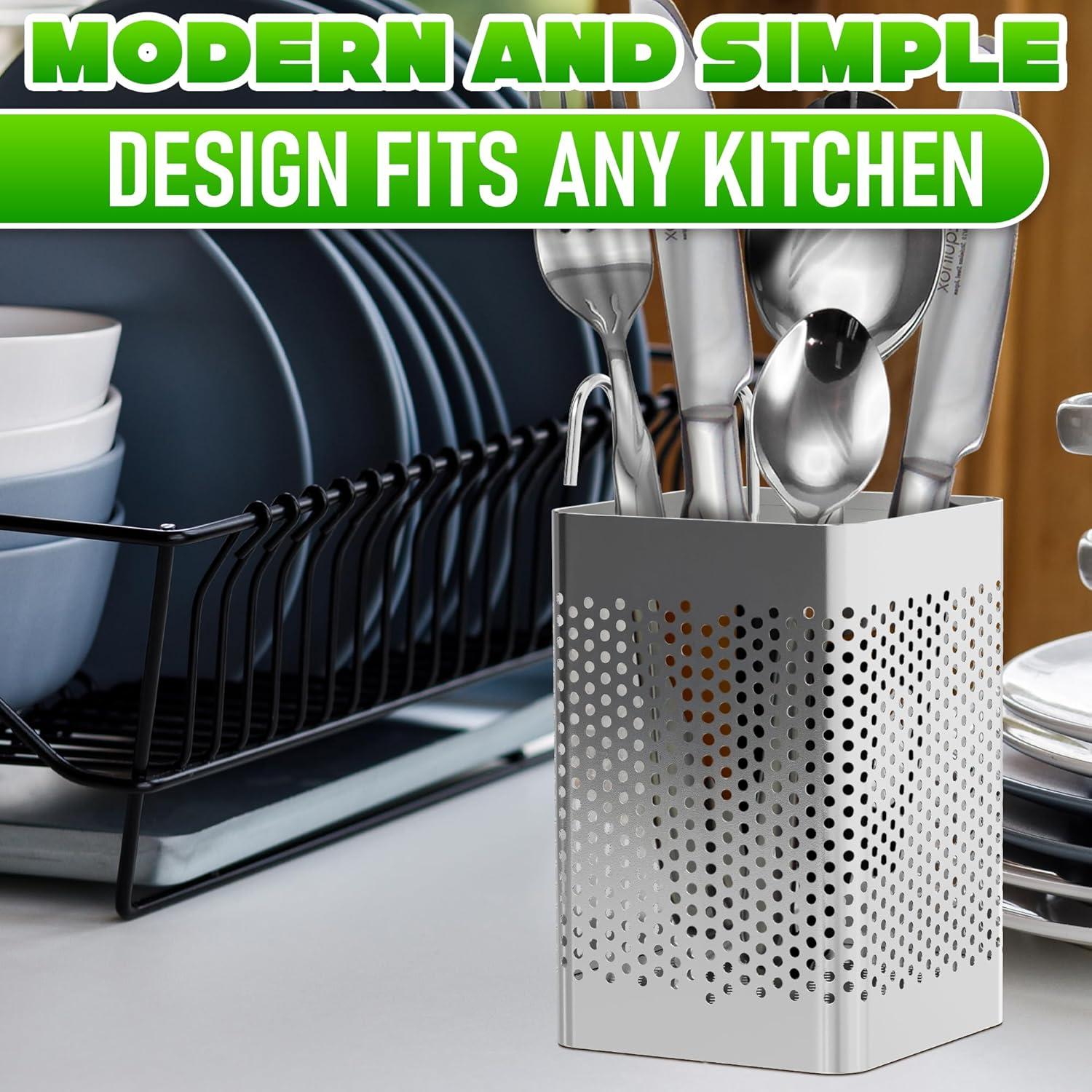 Small Kitchen Utensil Chopsticks Perforated Holder with Hooks - Stainless Steel Storage Stand Kitchen Holder for Spoon Knife Fork Case Organizer Dishwasher Safe Small Square Caddy