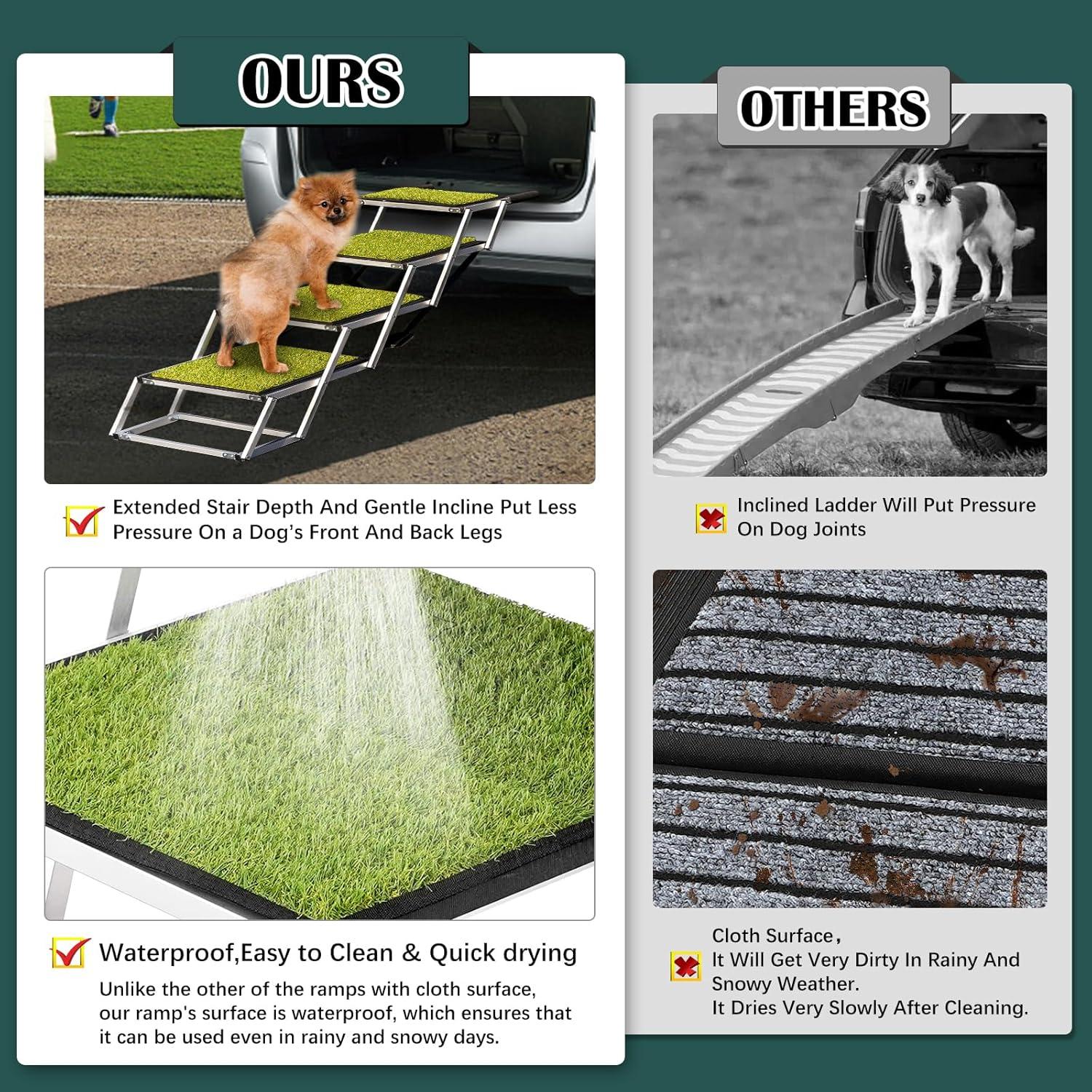 Dog Ramp for Car, Extra Wide Dog Car Stair for Large Dogs, Pet Steps Lightweight Aluminum Foldable Dog Steps for Cars and SUV,High Beds, Trucks, Supports up to 200 lbs (Extra Wide-4 Steps with Grass)