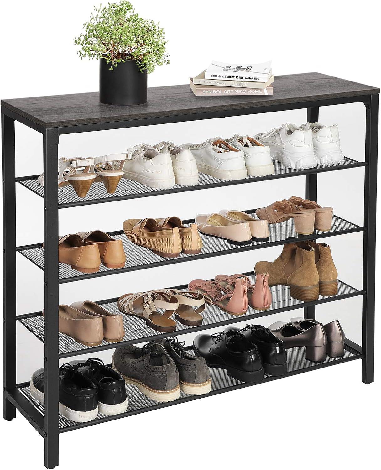 VASAGLE INDESTIC Shoe Rack, Storage Organizer with 4 Mesh Shelves and Large Surface for Bags, Shoe Shelf for Entryway Hallway Closet, Steel Frame, Industrial, Charcoal Gray and Black ULBS015B04