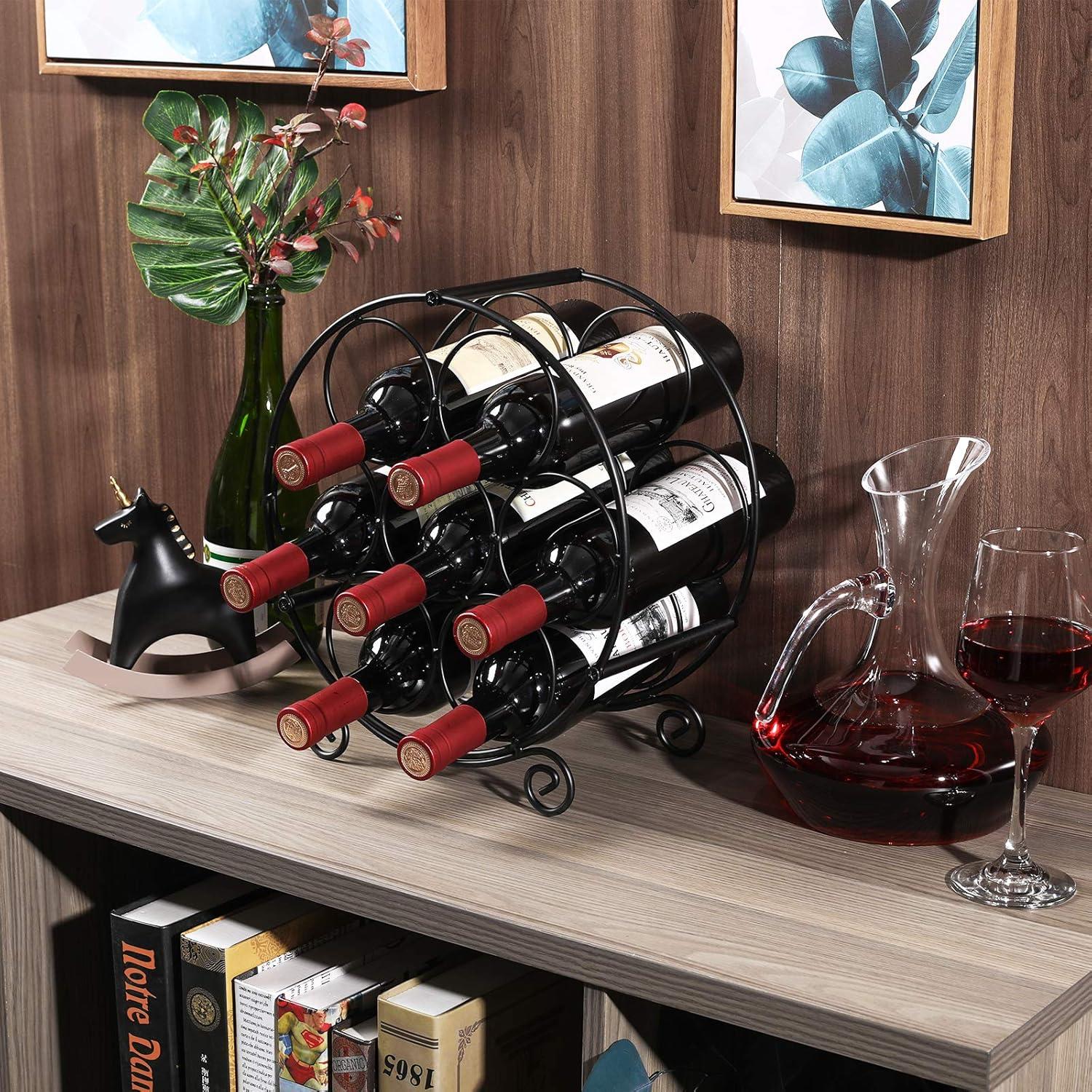 Black Metal Circular 7-Bottle Countertop Wine Rack